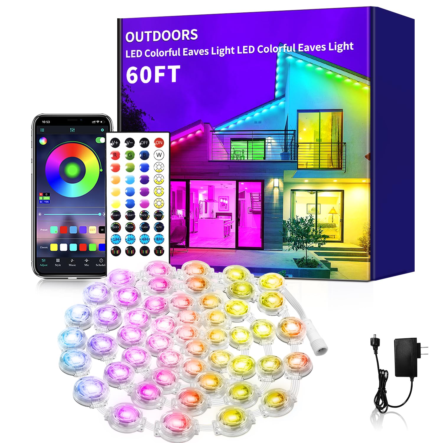 Yocrostar 60ft RGB Outdoor Lights, IP67 Waterproof, App Control, Music Sync, Model YXY-002