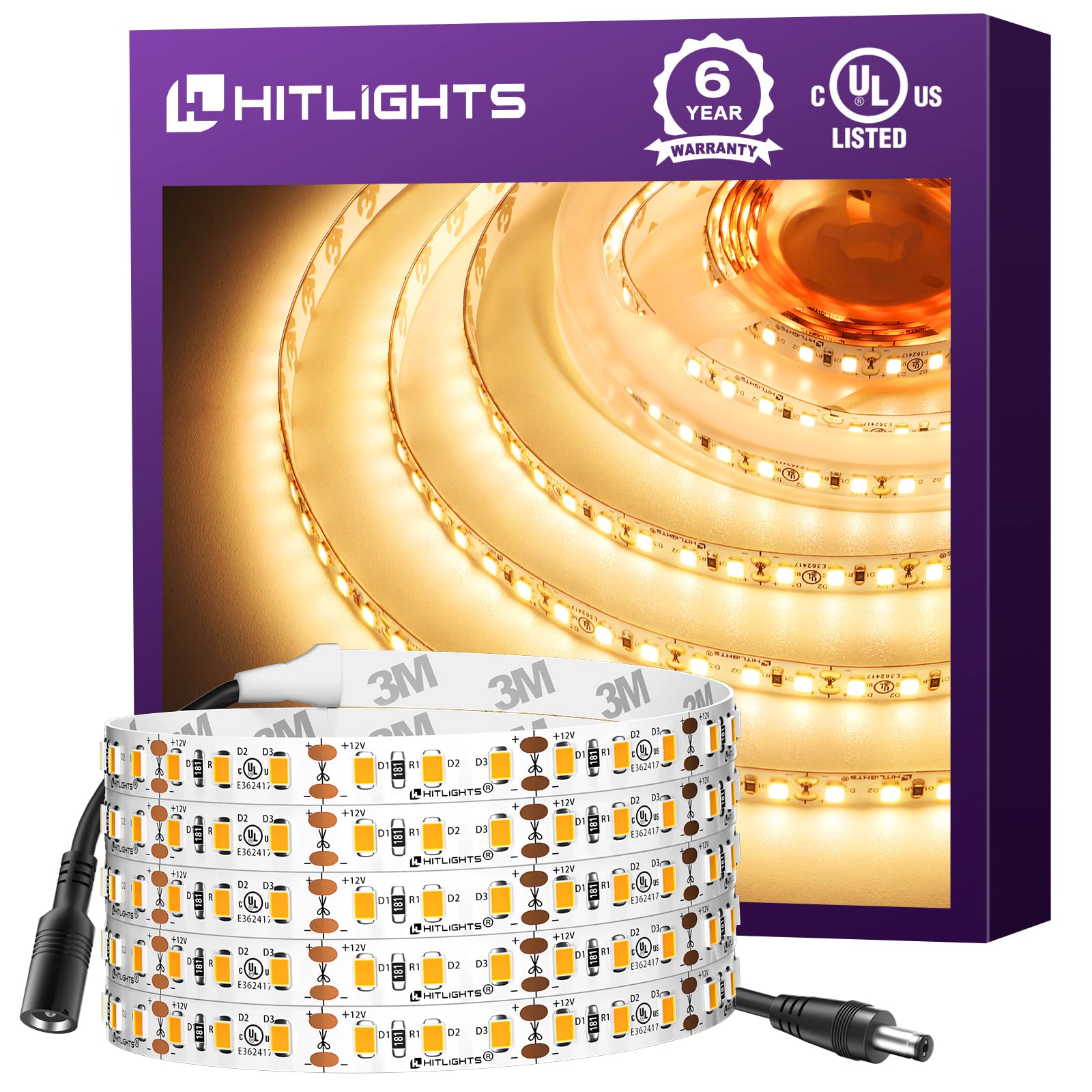 Hitlights Warm White Led Strip Lights 3000K, 13Ft Premium High Density Led Tape Light, 480 Leds/Reel, 300 Lumens/Foot, 12V Rope