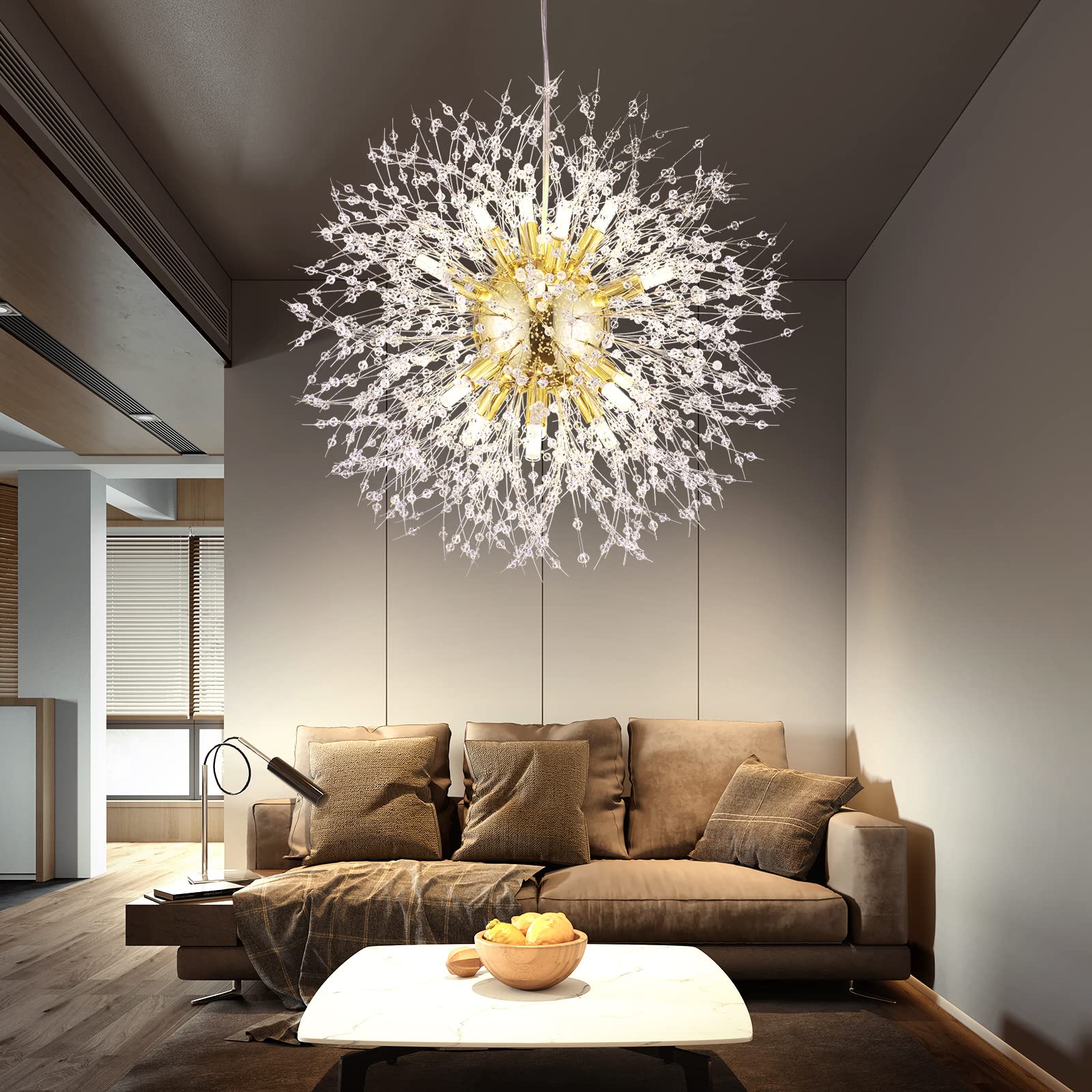 Yiisem Modern Gold Crystal Chandeliers, 16-Light Dandelion Firework Pendant Lighting, Hanging Chandelier Light Fixtures for Dining Room Bedroom Living Room Kitchen Island