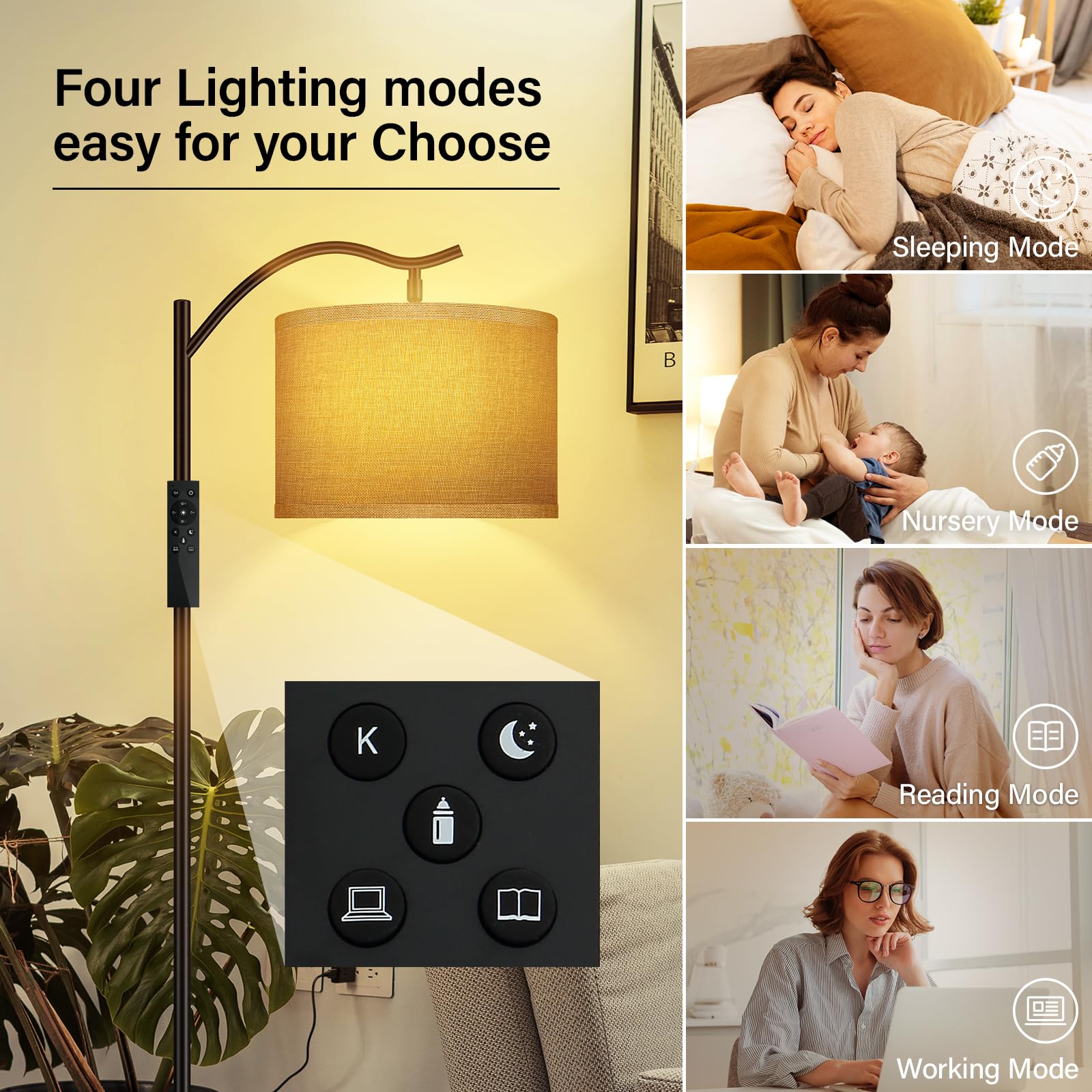 BoostArea Arc Floor Lamp, Remote Control, Stepless Dimmable 2700K-6500K, Metal, Jute, Model B1369