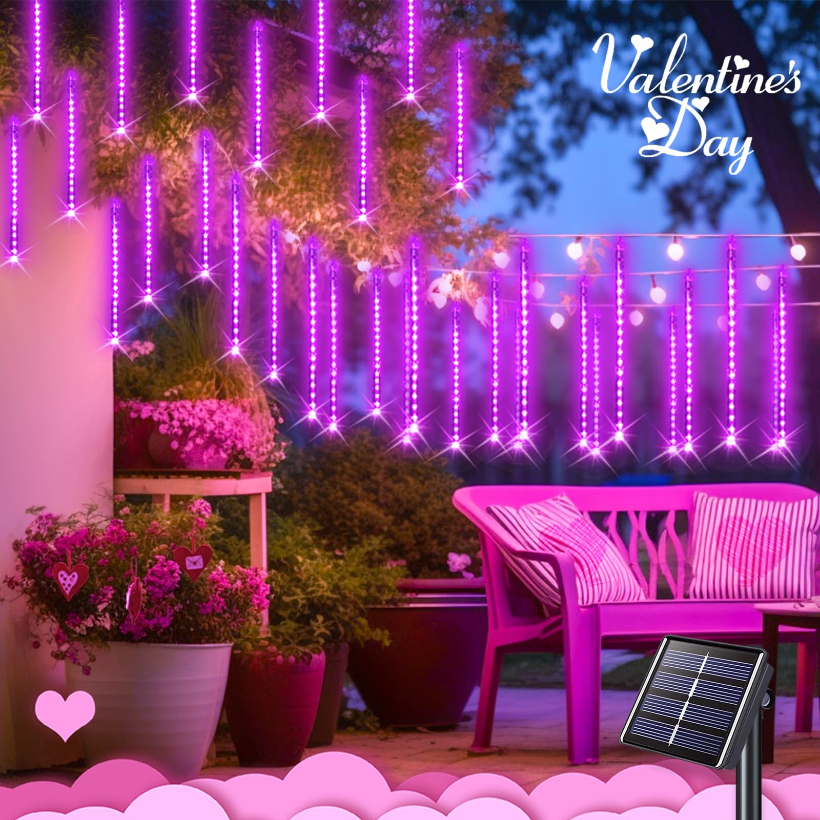JMEXSUSS Solar Meteor Shower Lights, 144 LEDs, 8 Tubes, Pink, PVC, Outdoor Decorations for Valentines Day, Xmas, Weddings, Parties