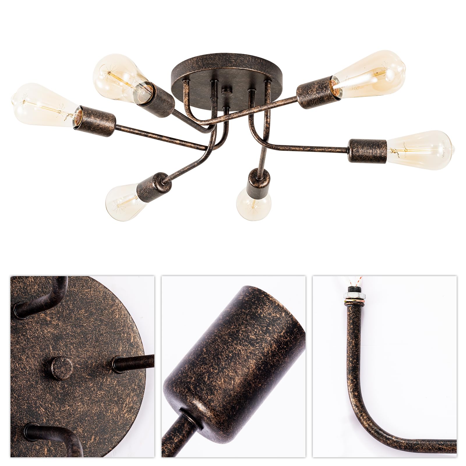 Plfann Industrial Semi Flush Mount Ceiling 6 Light With Adjustable Metal Branched Vintage Ceiling Light E26 Holder (Bronze)(Bulb
