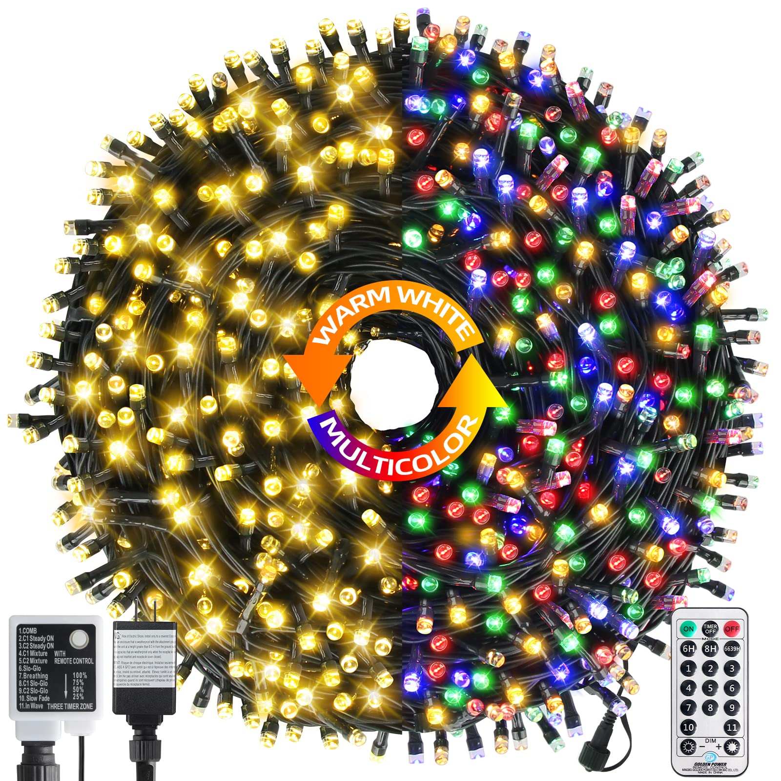 MZD8391 262FT 800 LED Color Changing Christmas Lights Outdoor Indoor, Warm White Multicolor Christmas Tree Lights, Waterproof Christmas Fairy String Lights Timer Remote, 11 Lighting Modes