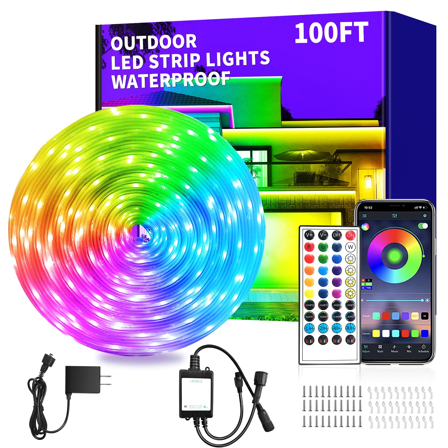 vimeepro 100ft Outdoor LED Strip Lights Waterproof,IP68 Waterproof LED Light Strips with Remote,App Control Music Sync RGB Outdo