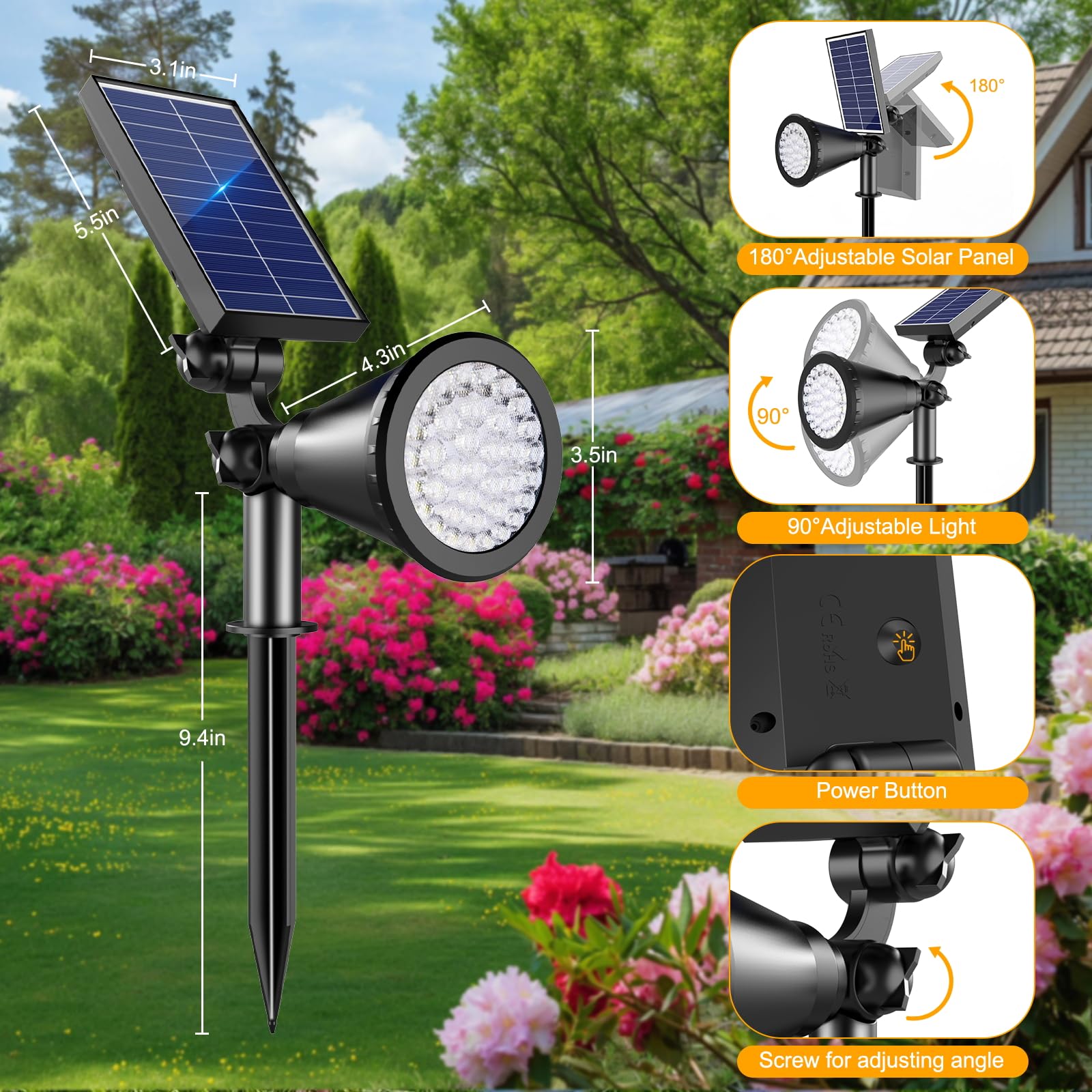 APOMAO Solar Spot Lights Outdoor, 36 LEDs, 2-in-1 Adjustable, Warm White, 3 Pack, Model SL-WW03, Waterproof Landscape Lighting