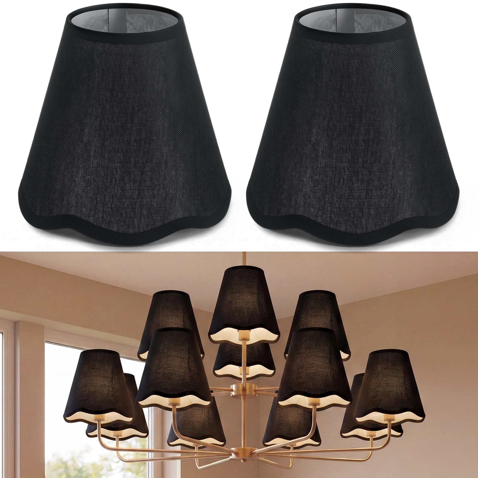 Glooglitter 2 Pcs Small Clip-on Chandelier Rattan Lamps Set Shade Scalloped Lampshade 3top x 6bottom x 5-1/4slant Height Empire 