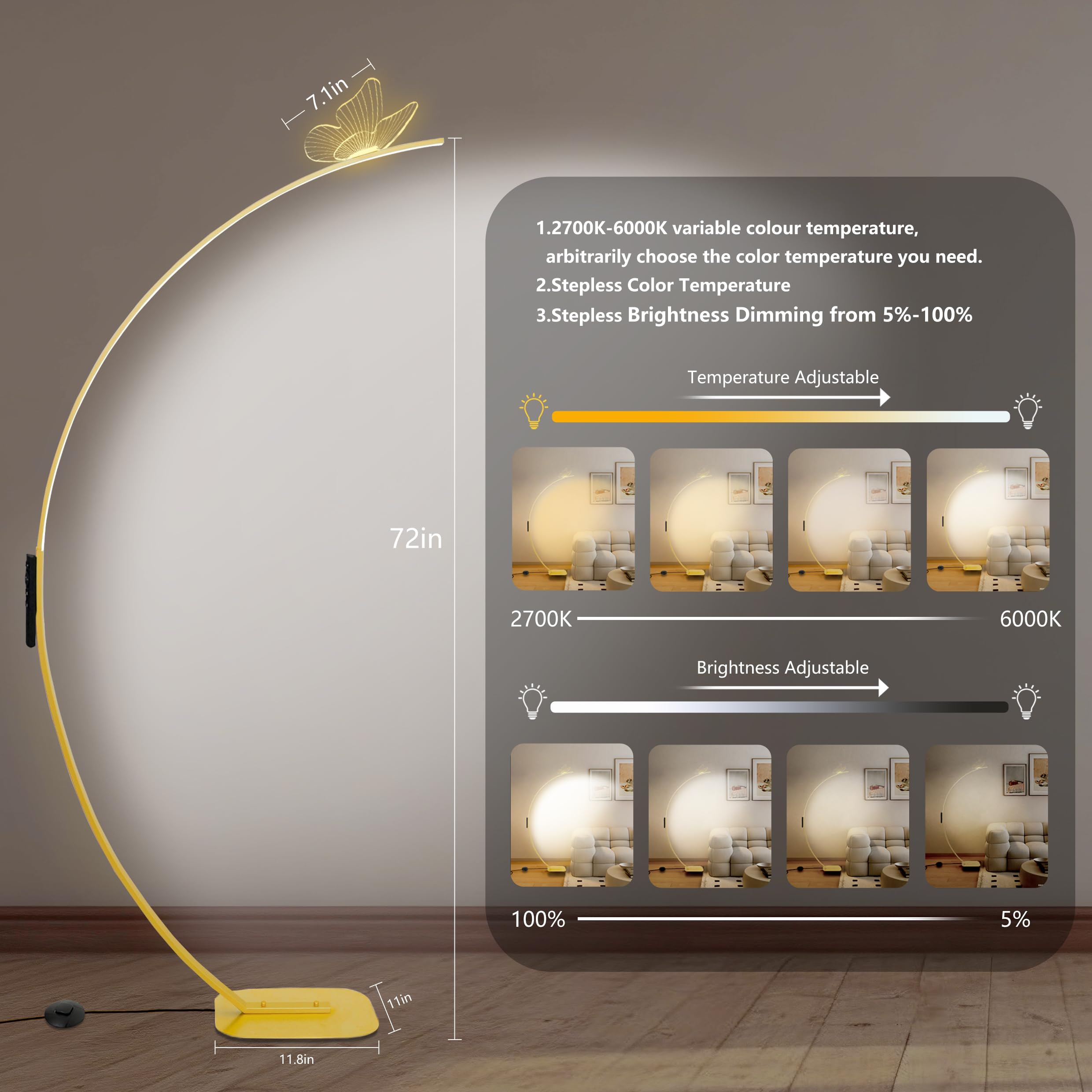 Arc Floor Lamp,2000 Lumens Dimmable Butterfly Arched Floor Lamp with Remote & Foot Control, 3 Color Temperatures, Modern Floor L