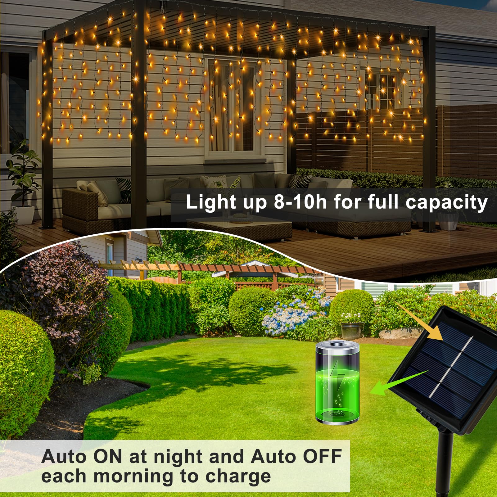 DBFAIRY Solar Curtain Lights, 300 LED, Waterproof, 19.6ft x 3.3ft, Warm White, Model 6X1-01WW