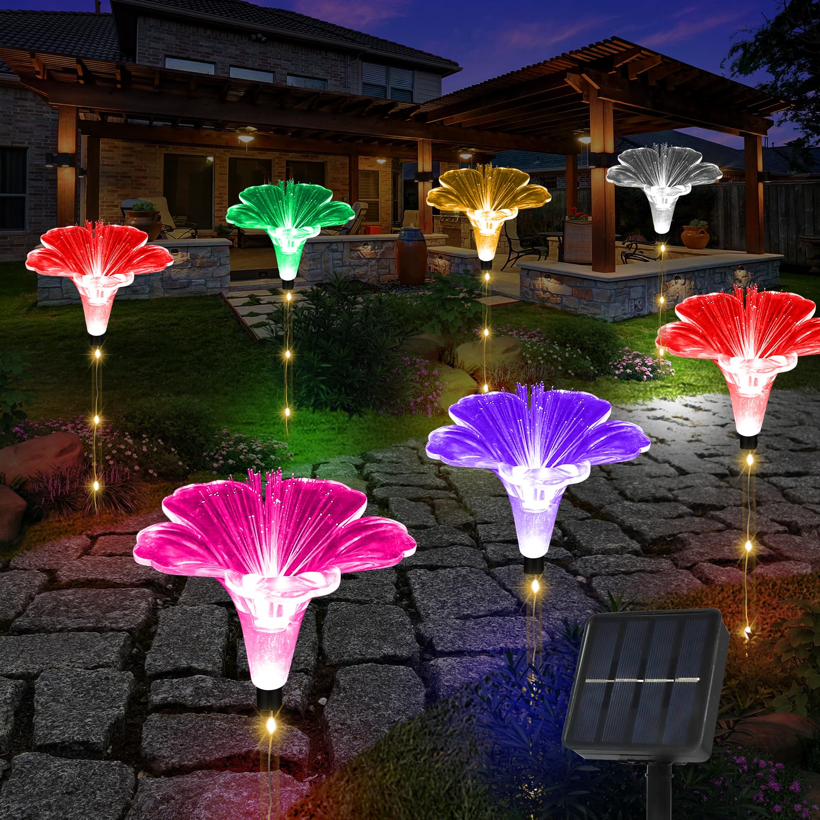X-Giftkey Solar Garden Lights For Mom Gifts Decor Outdoor,6Pack Fiber Optic Lily Flowers With Unique Housewarming Gifts Outdoor,Solar Path Lights For Valentines Day/Mom/Wedding/Party/Yard Decor