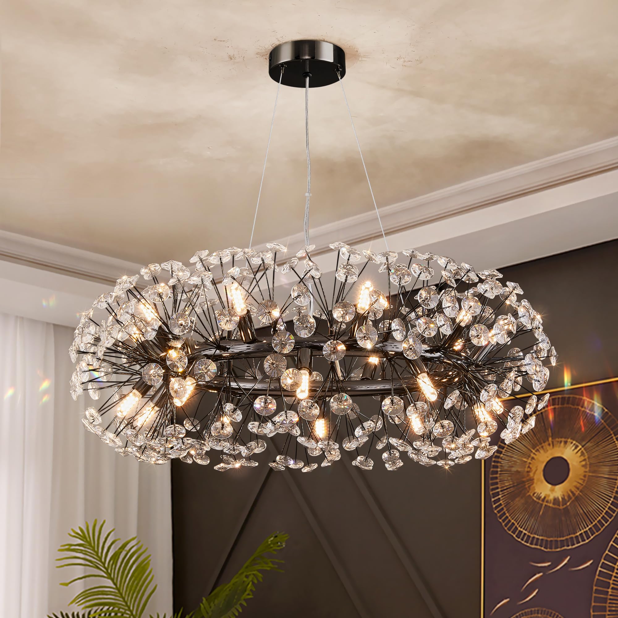 Modern Firework Chandelier, Farmhouse Black Crystal Round Dandelion Sputnik Chandeliers, 31.5'' Contemporary 20-Light Pendant Ha
