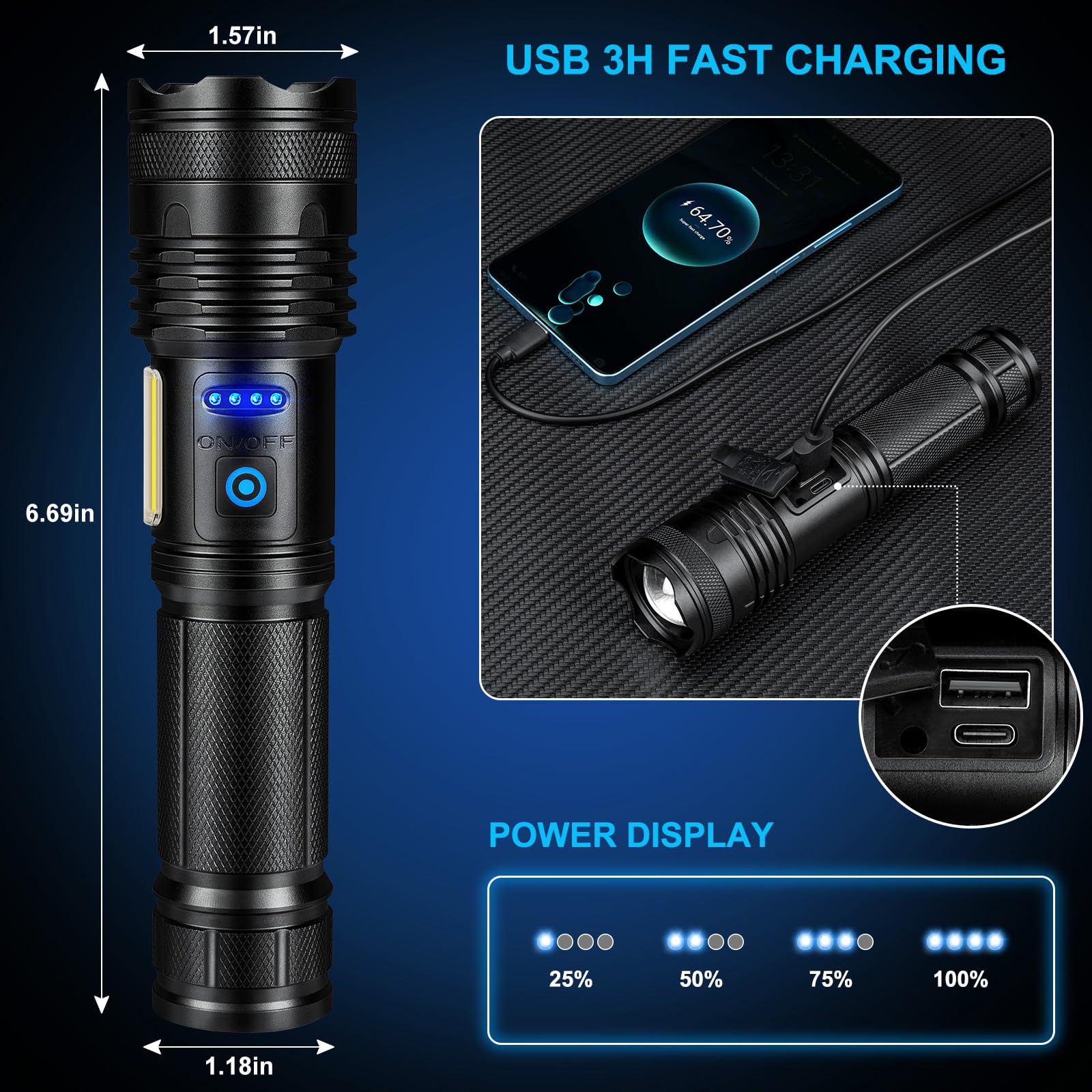 Alicegirl Rechargeable Flashlight 99000LM - Super Bright, Waterproof, Adjustable 8 Modes, Aluminum, Black, Model M111-COB