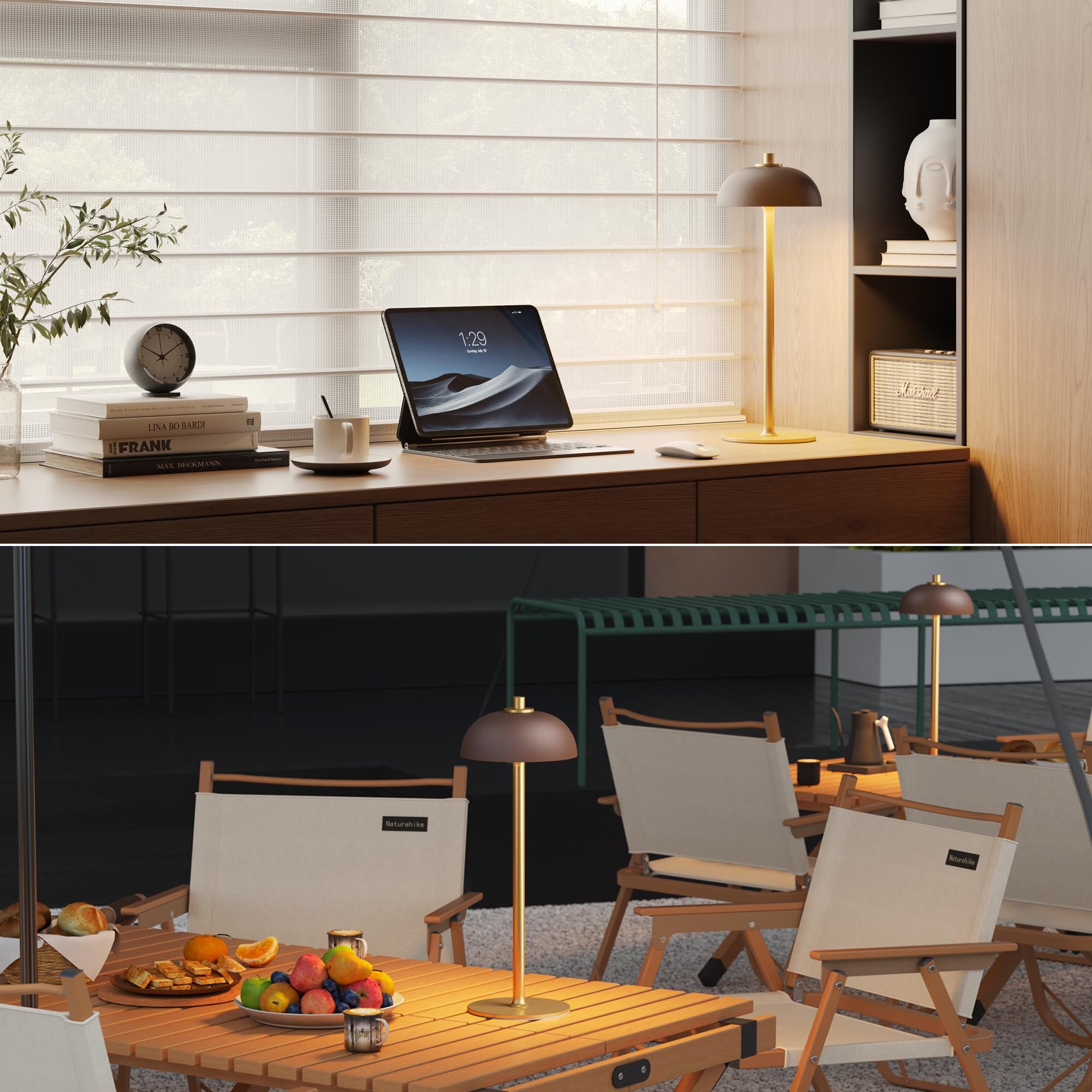 JONEMO LED Cordless Table Lamp, Rechargeable 5000mAh, 3 Color Dimming, Brown, Model MOGU, Perfect for Outdoor & Home Use