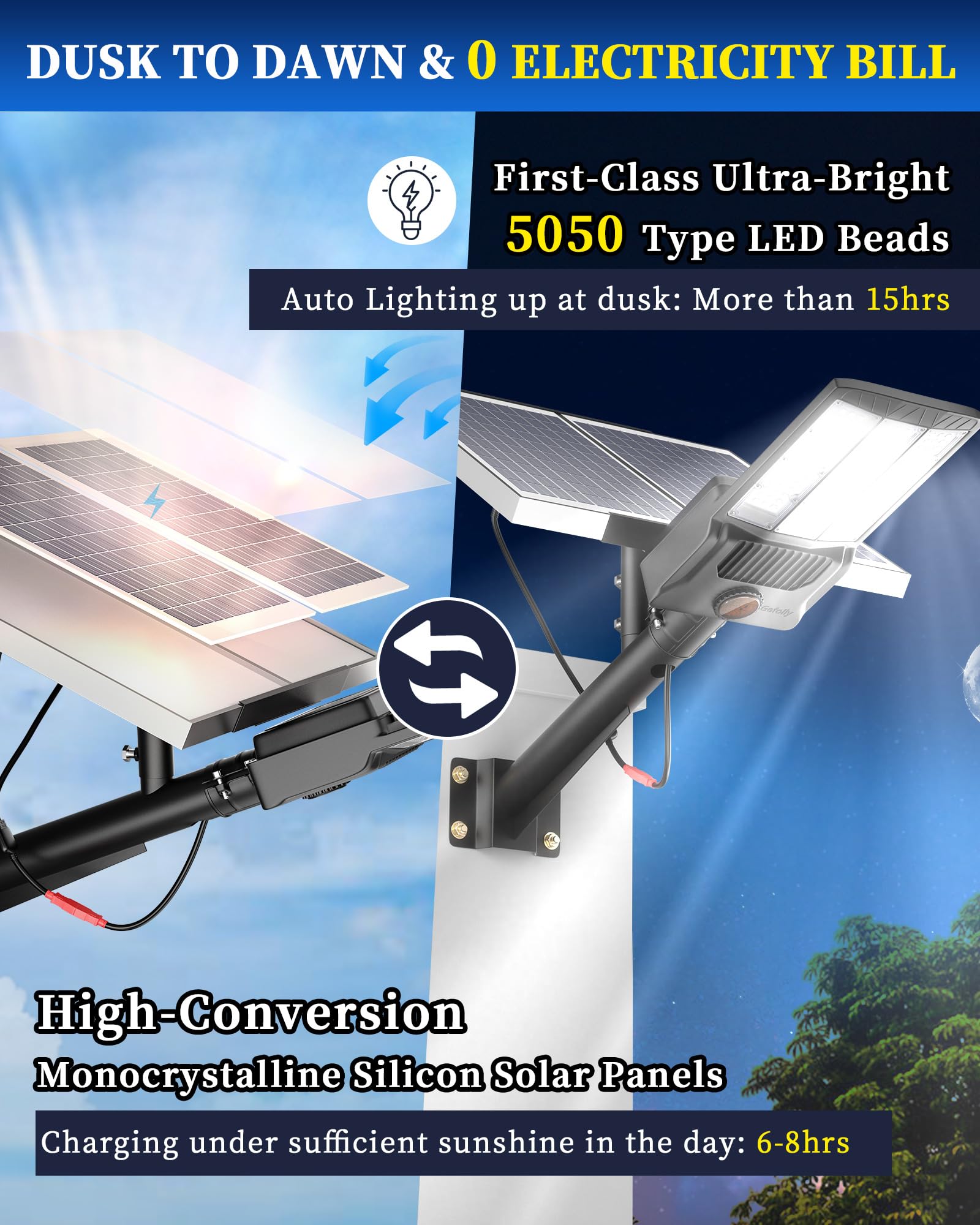 Gefolly SL-9800W Solar Street Light, 650000LM, IP67 Waterproof, 6500K, White, Ideal for Outdoor Parking Lots and Yards
