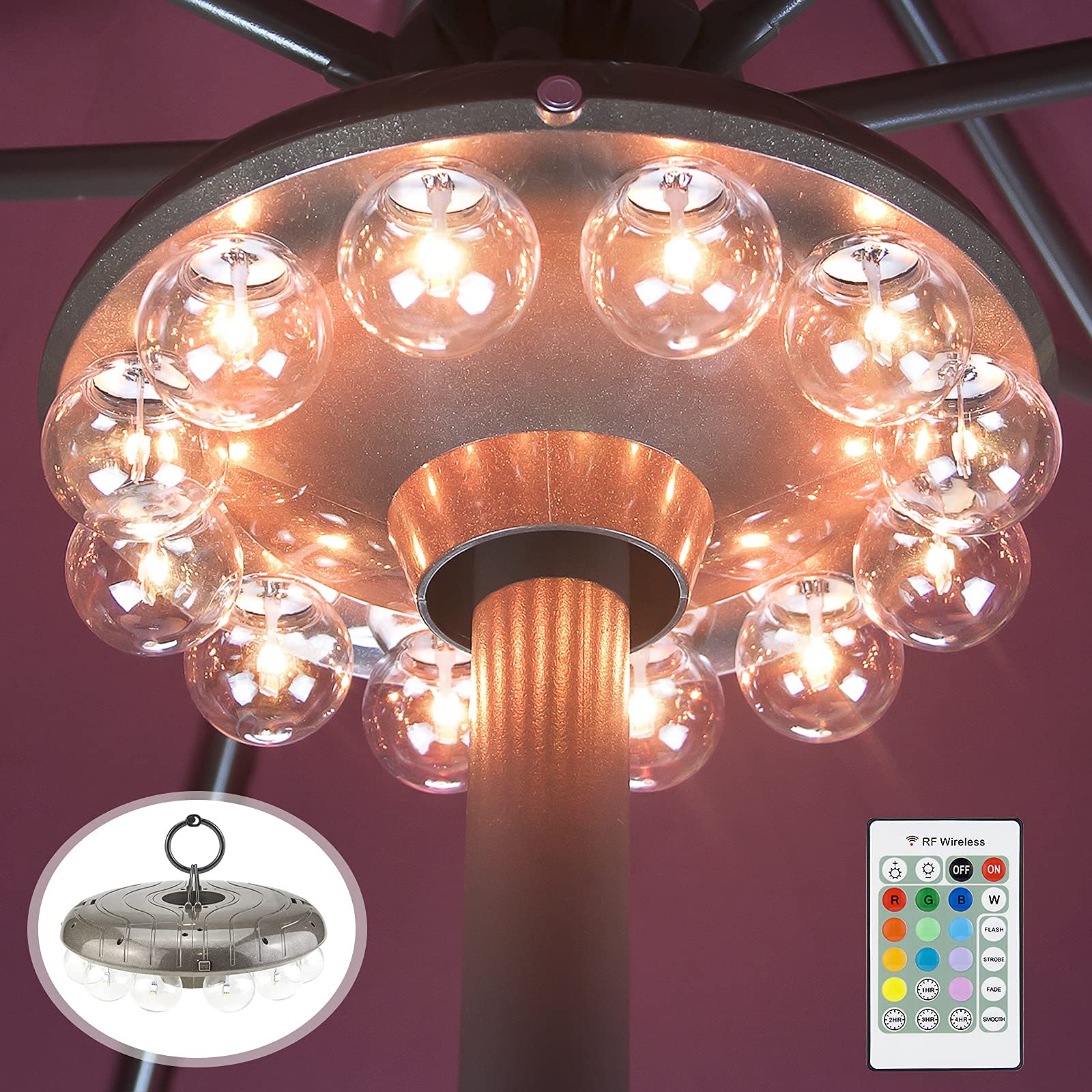 HONWELL Patio Umbrella Light, 12 LED Color Changing, 3xD Battery Operated, RF Remote, Model H61RF-12C-1, Clear Bulb