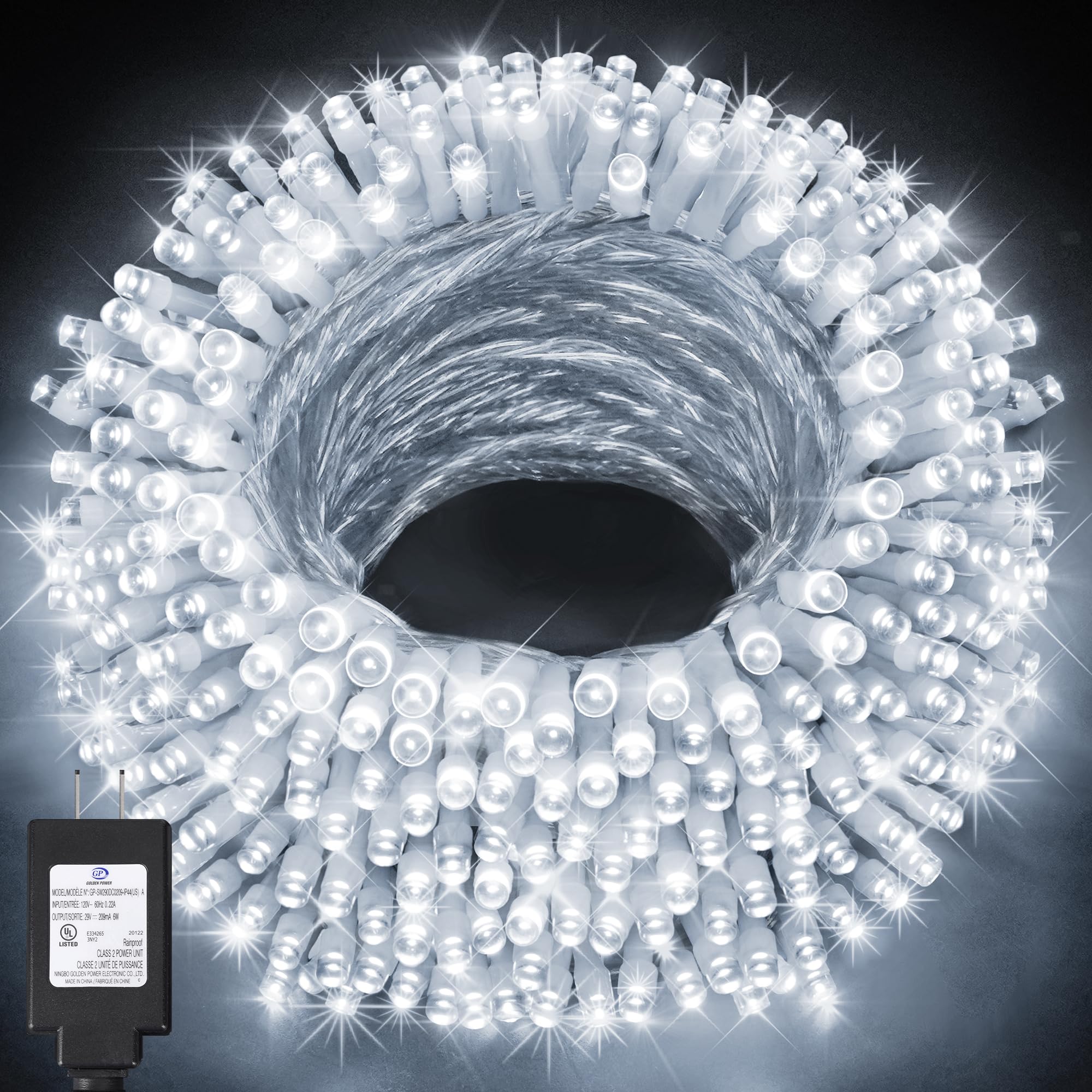 KNONEW 500 LED Outdoor Christmas Lights, 197ft String, Cool White, Waterproof, 8 Modes, Model 68KN-168LIG-NIU