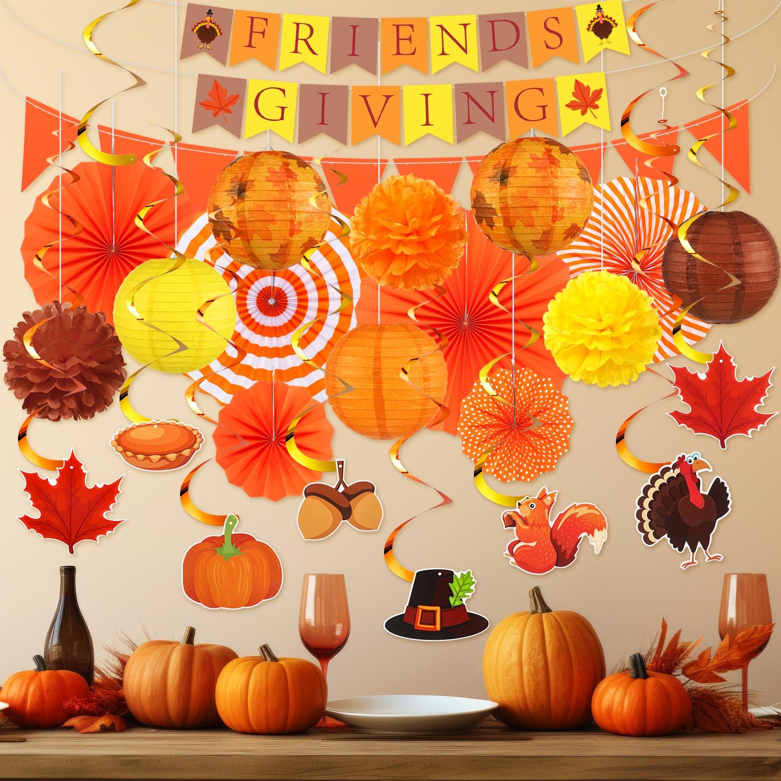 Motiskyy 28 Pcs Thanksgiving Party Decoration Include Friends Giving Banner Autumn Paper Lanterns Pom Pom Hanging Fans Bunting Garland Swirl Streamers For Fall Harvest Birthday