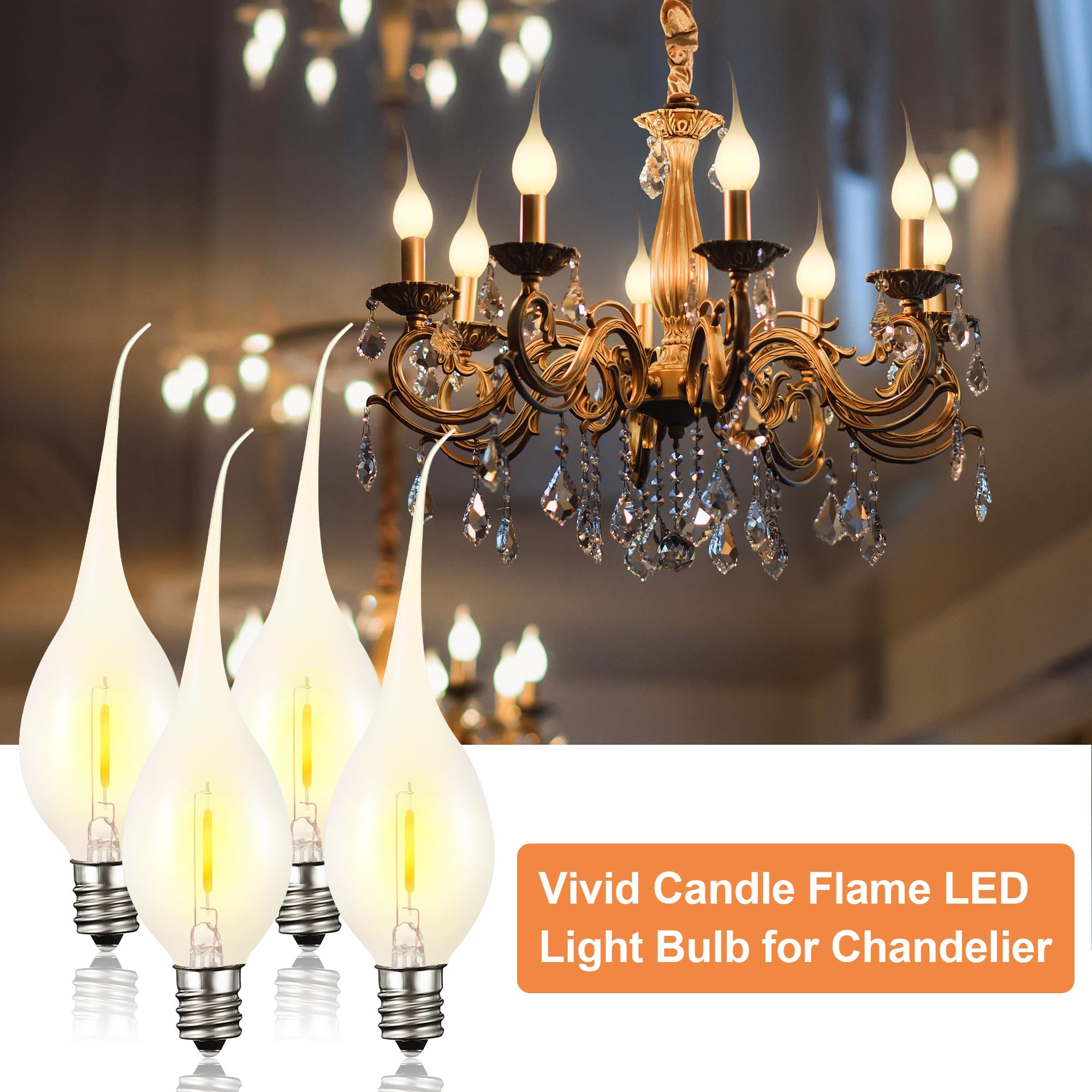 Meonum Silicone Dipped Candle Light Bulbs, 18 Pcs, 0.7W C7 E12, Gold Glow, Soft Coating for Chandelier & Candelabra