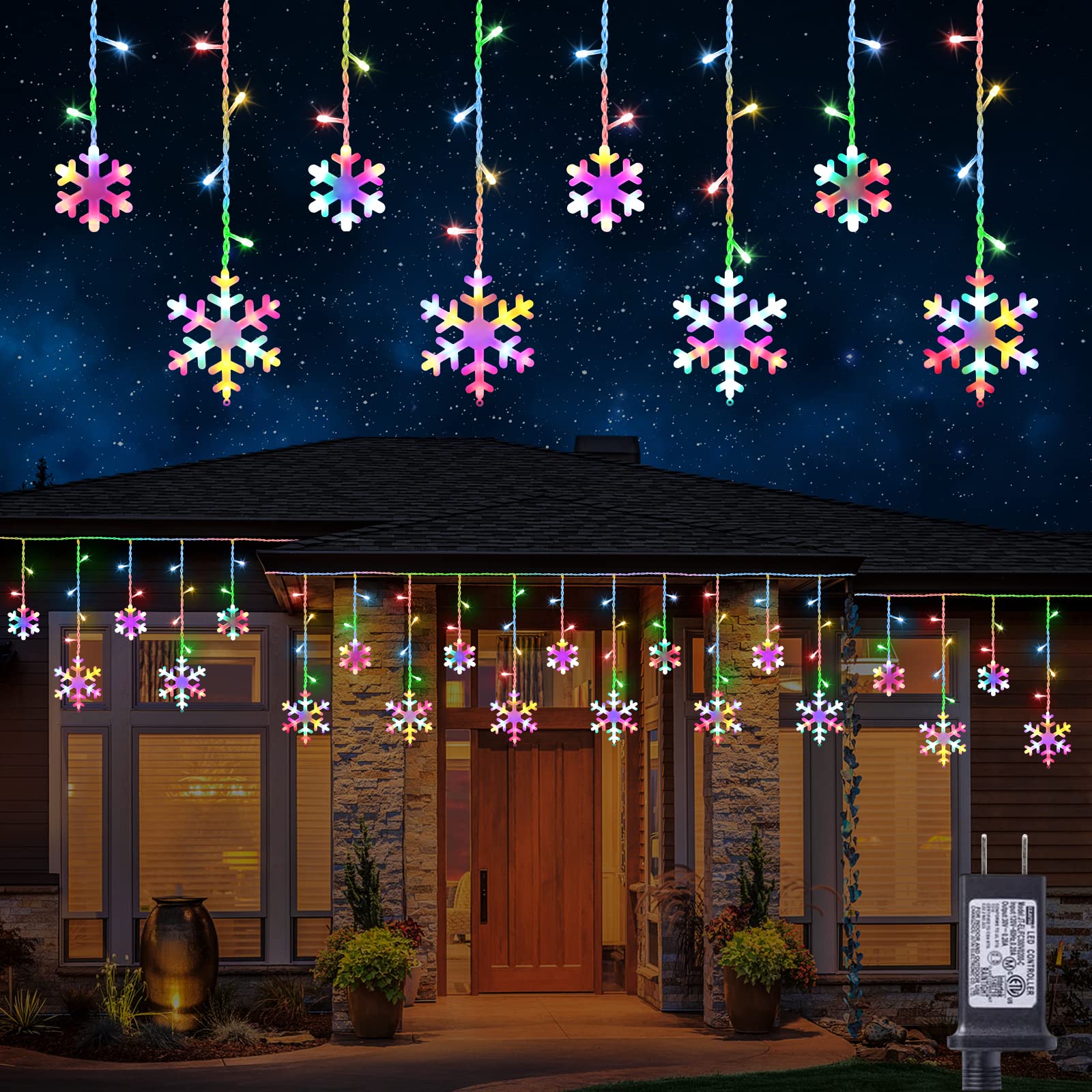 Jnaurb Christmas Snowflake Lights, 264 LED Icicle Lights, 17.22ft, Multicolor, Waterproof, 8 Modes, Connectable for Indoor/Outdoor Use