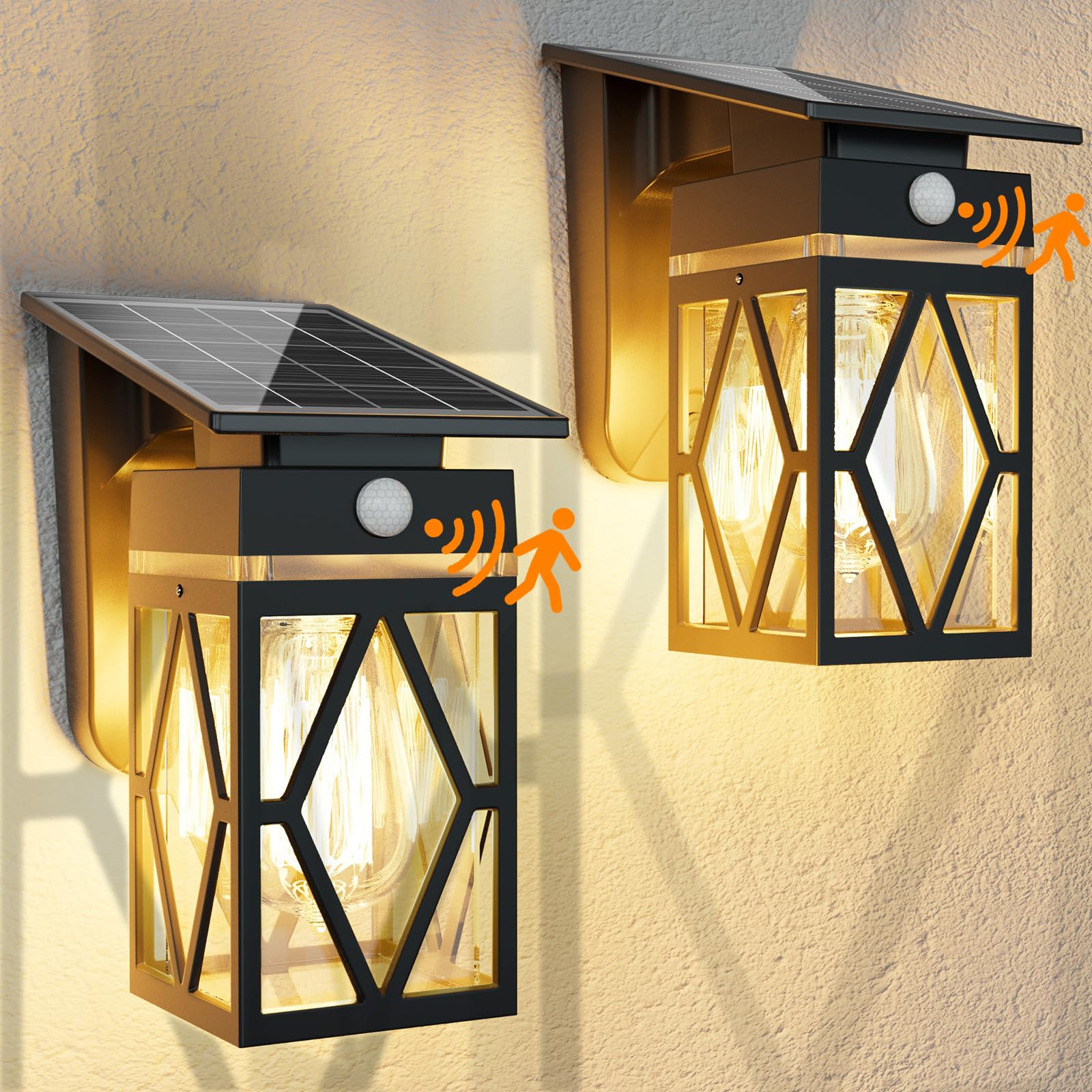 RGB Solar Wall Lights Outdoor 2 Pack, Dusk to Dawn & Motion Sensor Porch Light with Diamond Shape, 10 Modes (RGB Cycle/Fixed) IP