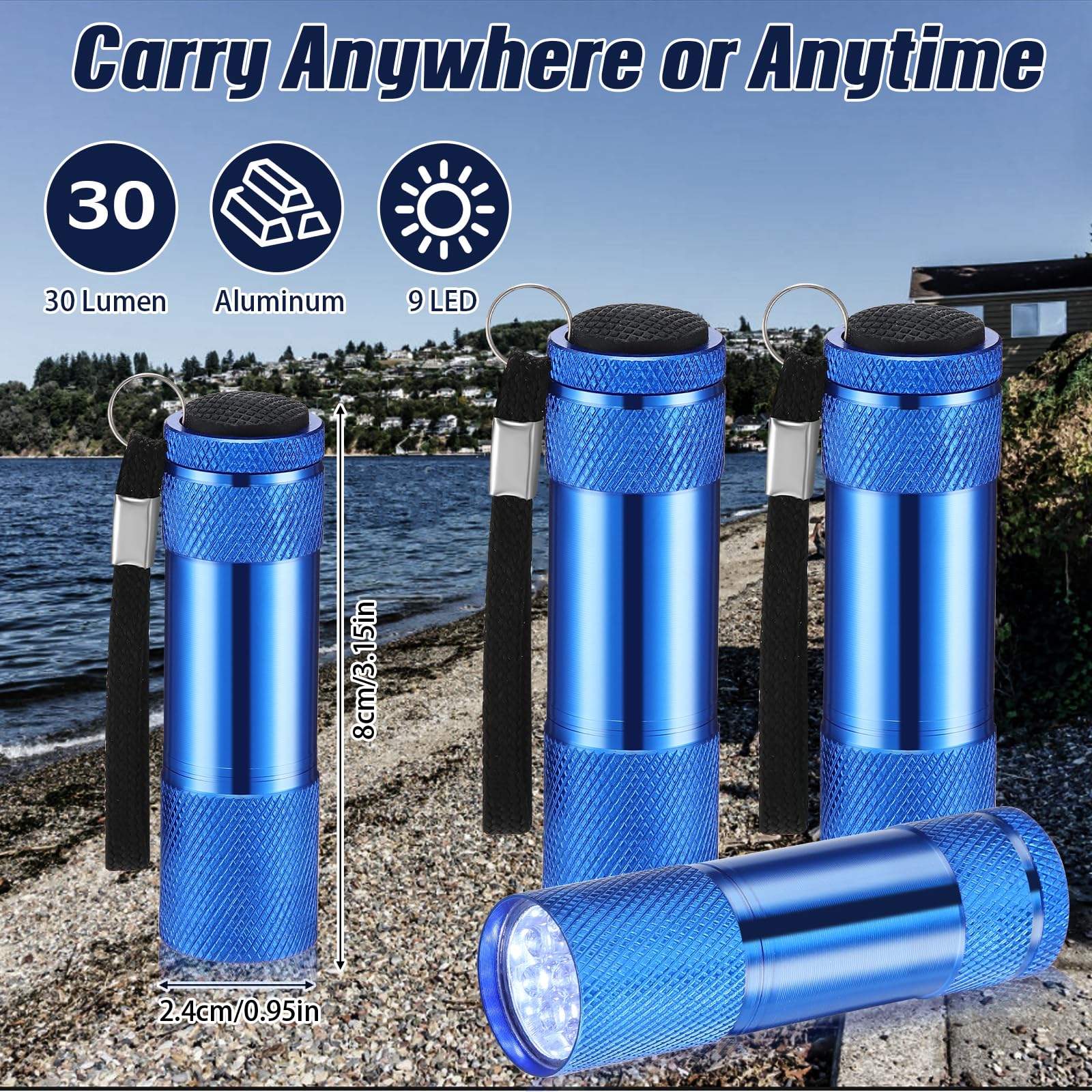 VIHOSE Mini Flashlights 20 Pcs Bulk, Bright Aluminum LED Handheld Lights with Lanyard, Not Included Batteries, Blue
