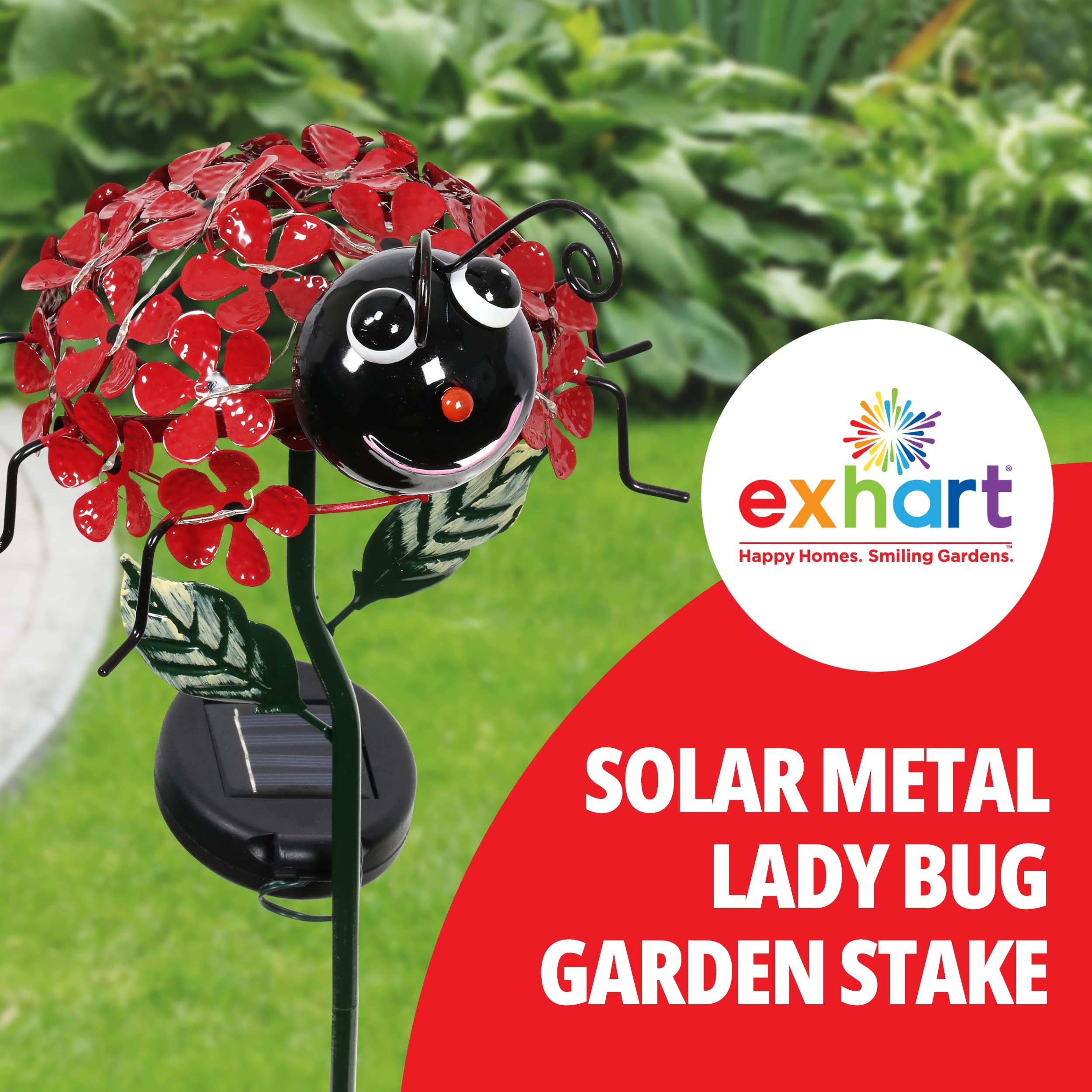 Exhart Garden Solar Lights, Decorative Red Ladybug With Flowers Garden Stake, 21 Leds, Cute Metal Outdoor Decoration, 8 X 26 Inc