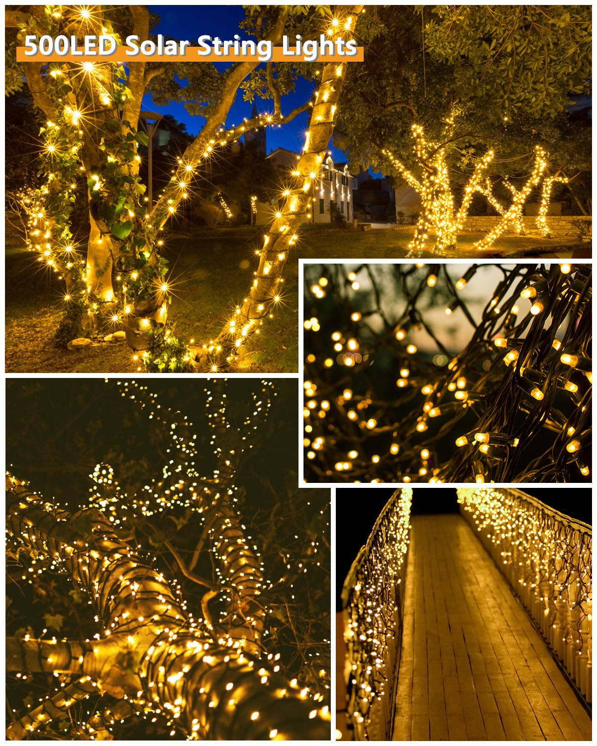 KAQ Solar String Lights 600LED 210FT Waterproof 8 Modes Green Wire 2Pack Warm White