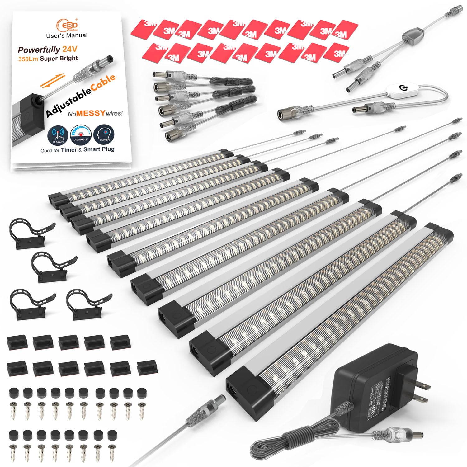 EBD Under Cabinet Lighting Touch Under Cabinet Lights Built-in 45cm Adjustable Cable, Splitter & 3 External Cable, 9 Panel 6500K