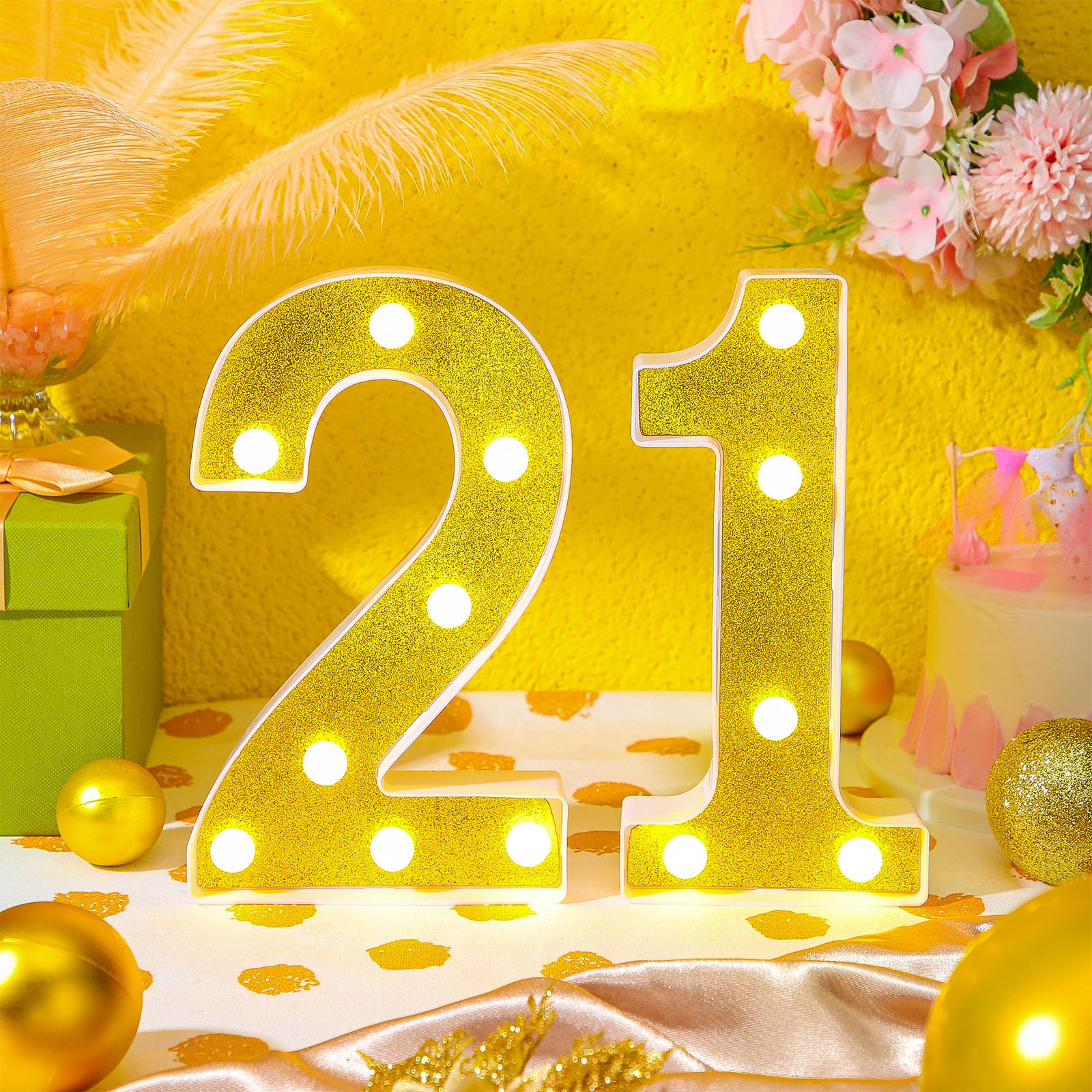Treela LED Number Sign, 8.7in  Glitter Marquee for Birthday Party Decorations, 21st Size, Gold, PP Material