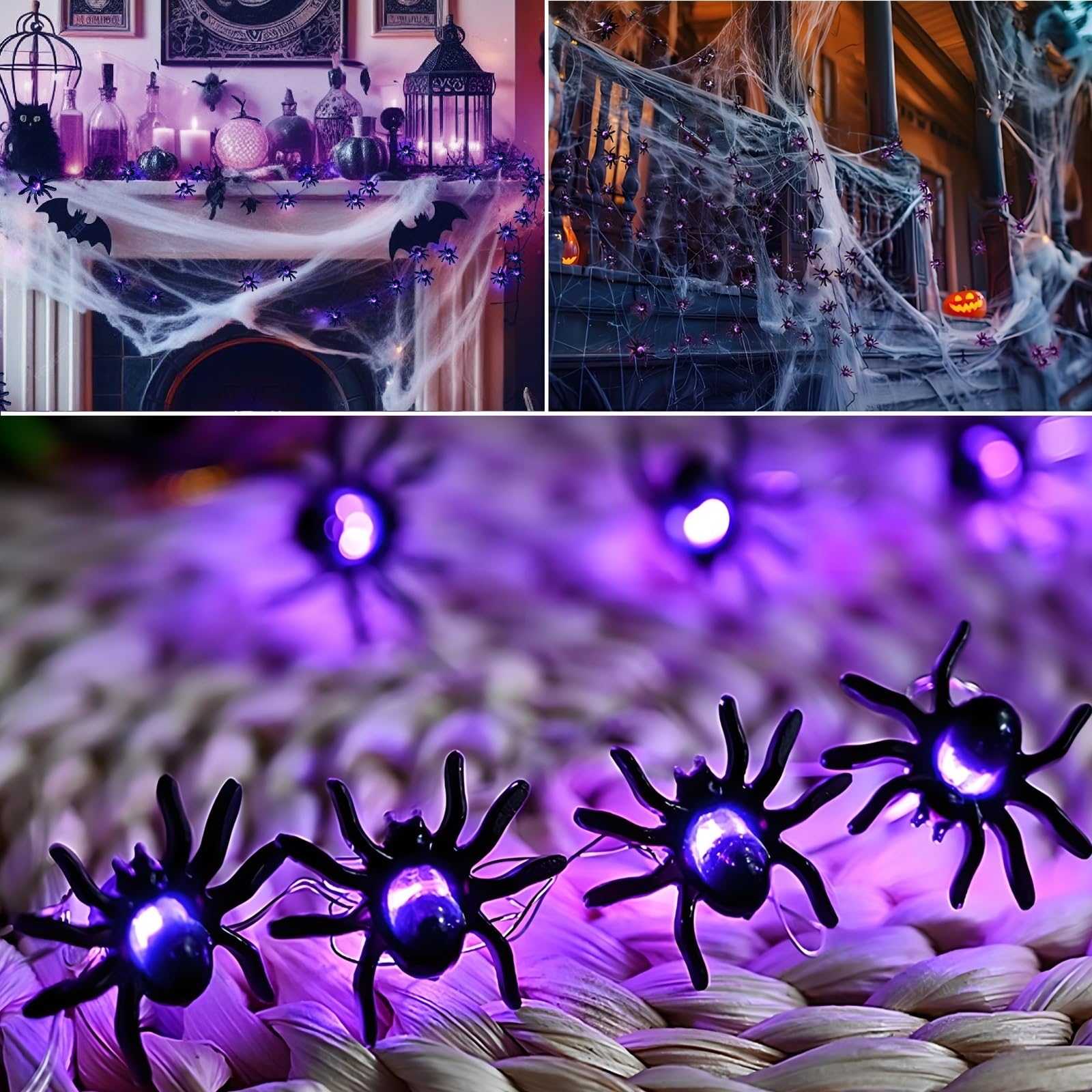 Spider String Lights for Halloween Decoration, 16.5Ft Copper Wire String Lights with 50LED Purple Lights and Little Black Spider