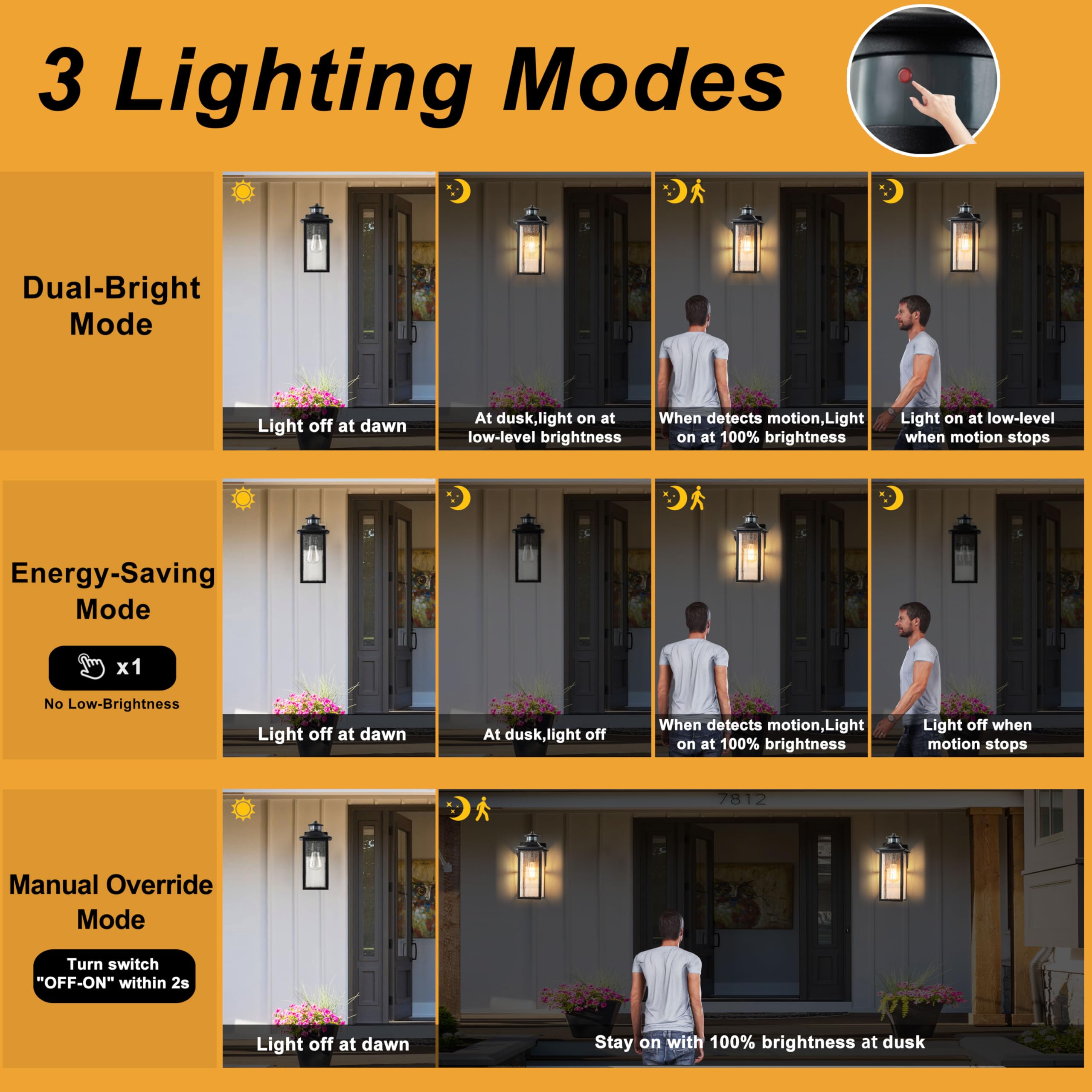 Rvsmattly Motion Sensor Outdoor Lights, Dusk To Dawn Exterior Lighting Fixtures, Matte Black Outdoor Porch Lights With Seeded Glass Shade & E26 Sockets, Motion Detector Lights For Outside House