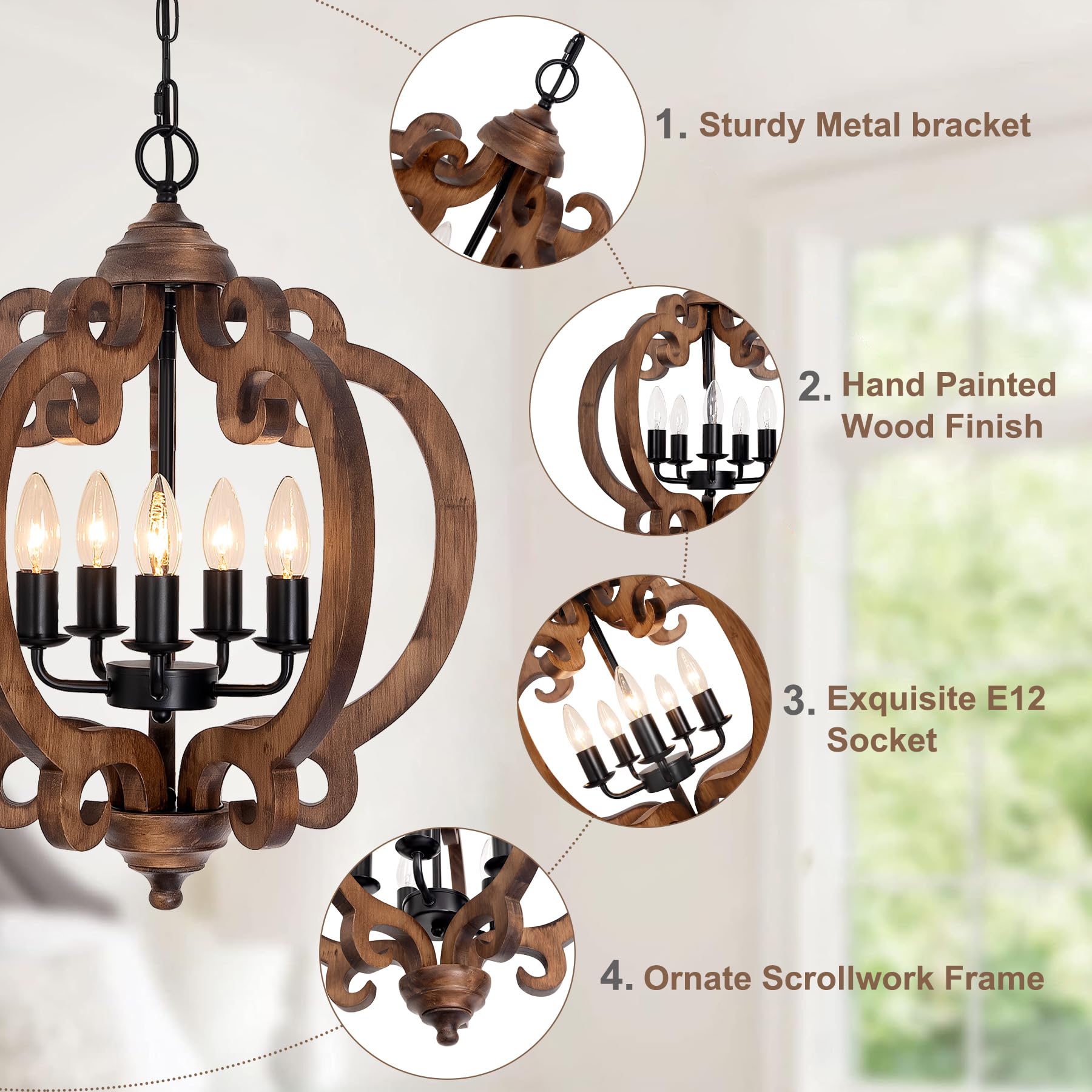 Rviezza 5-Light Rustic Wood Chandelier - Vintage Orb Pendant Lighting for Dining Room, Kitchen Island, Foyer, 17.72'' Model B0F8VH8L17