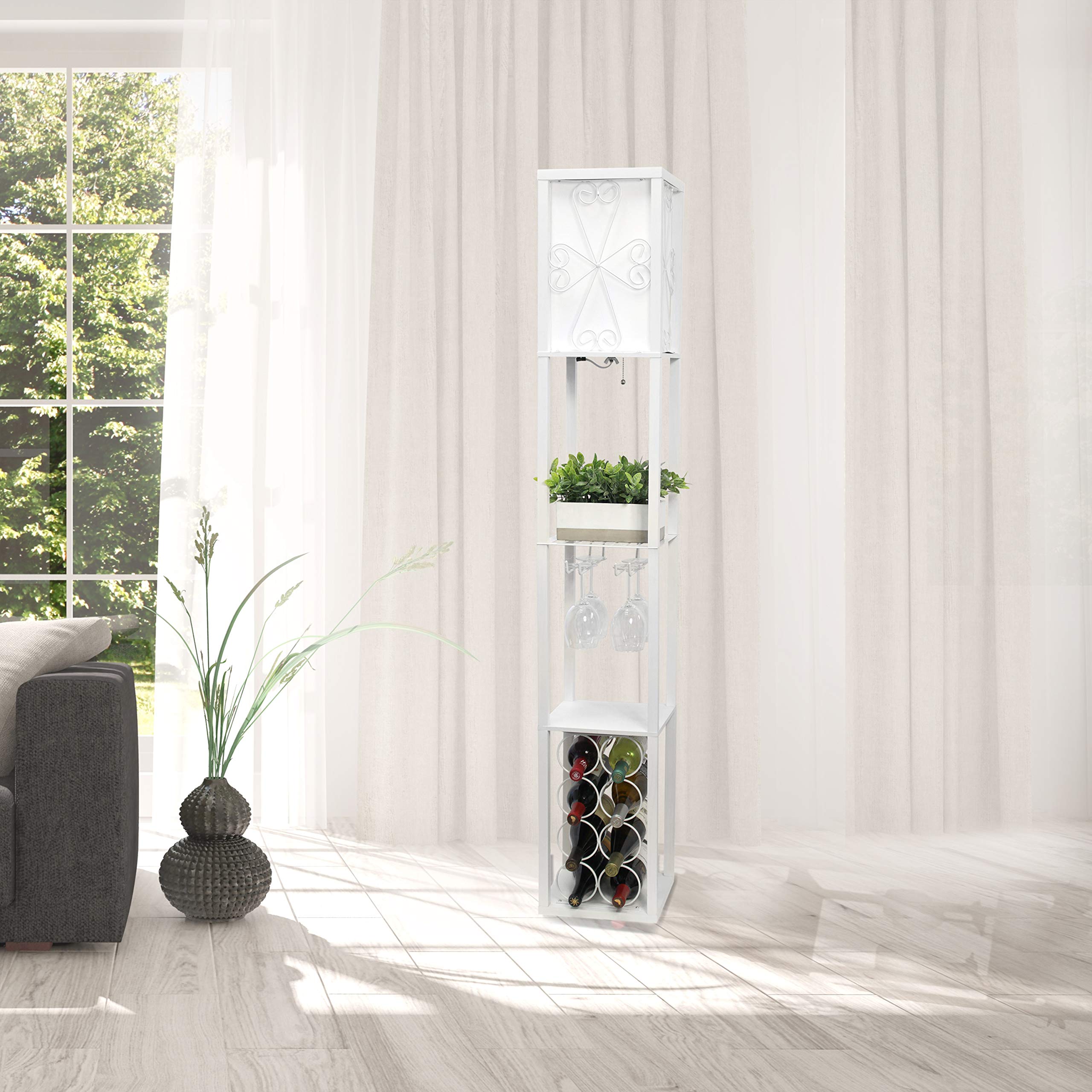 Simple Designs Lf1015-Wht Three Shelf Etagere Organizer Storage And Wine Rack Floor Lamp With White Linen Shade, White