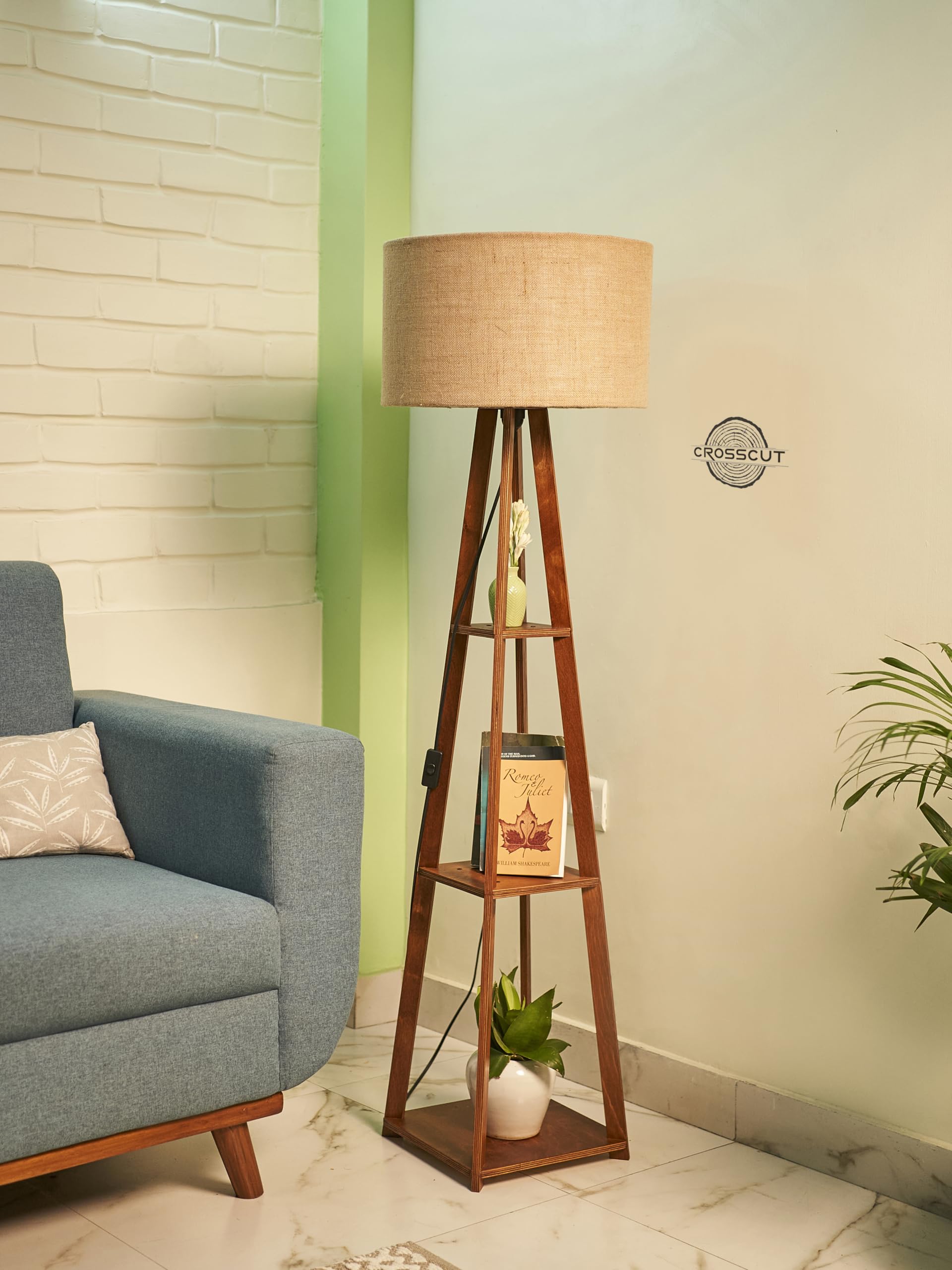 Crosscut Furniture Wooden Floor Lamp with shelf (Natural Jute). LED bulb included