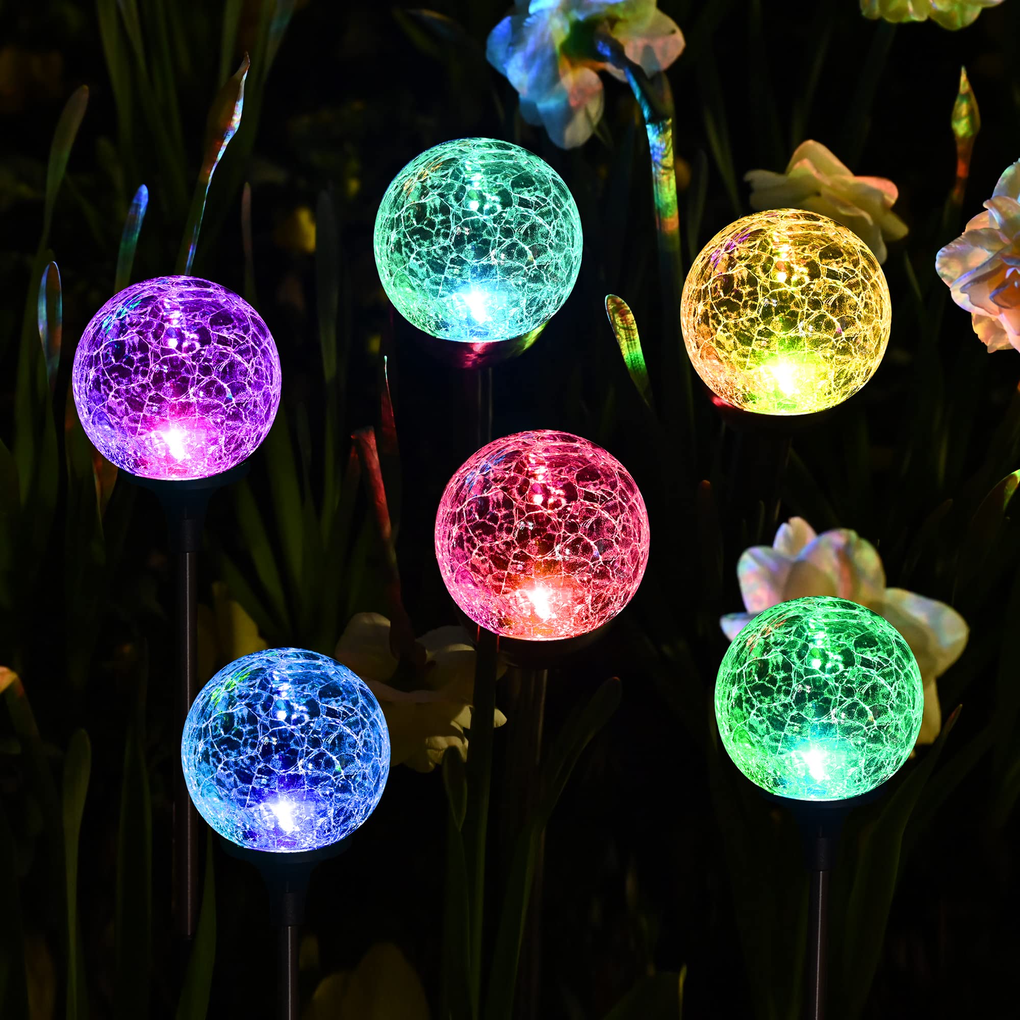 SOLPEX Solar Lights - 6 Pack Outdoor  ed Glass Ball LED Lights, Multi-Color Changing, Waterproof Garden Decorations