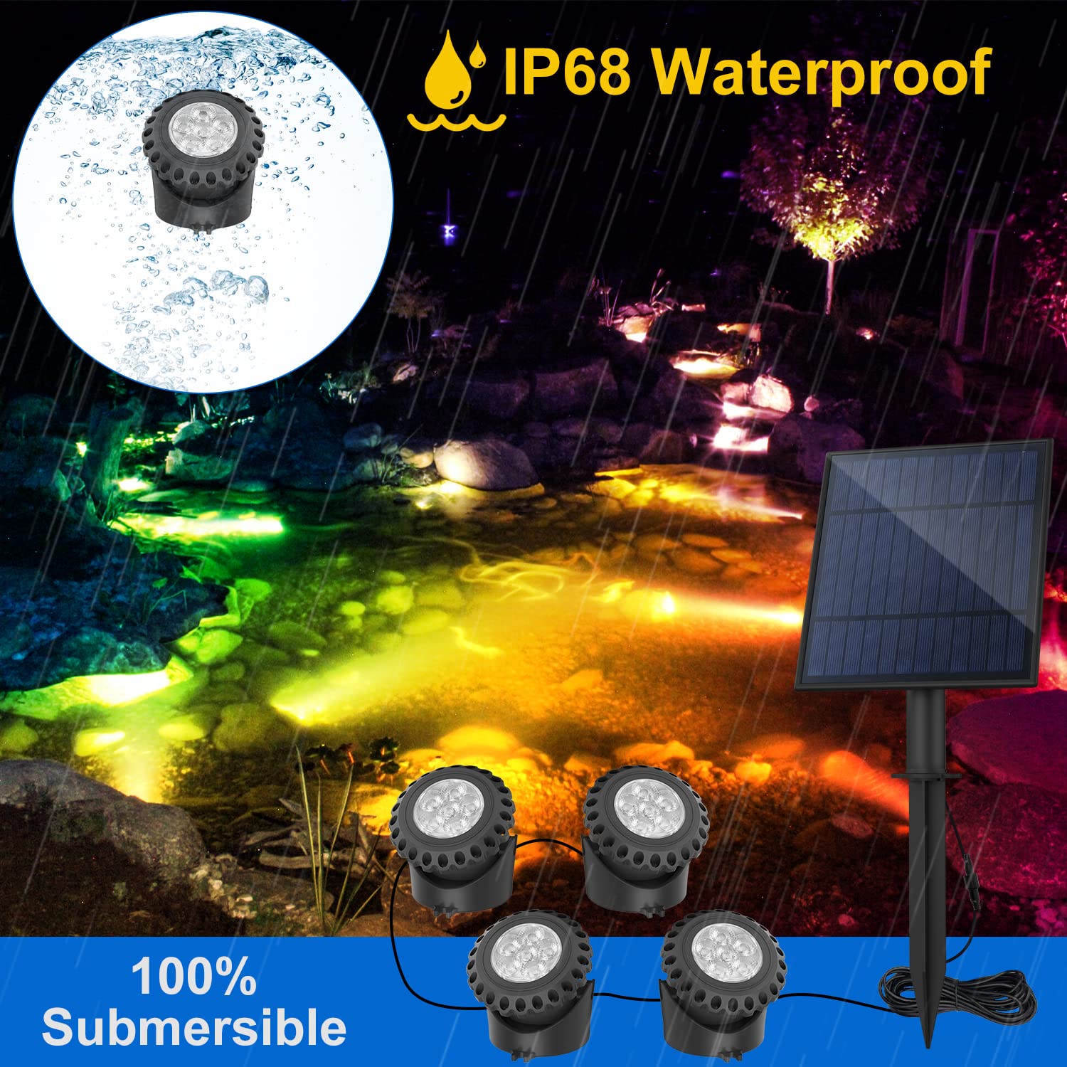 T-Sun Rgb Solar Pond Light - 4 Head Led Underwater Color Changing For Garden Pool Fountain