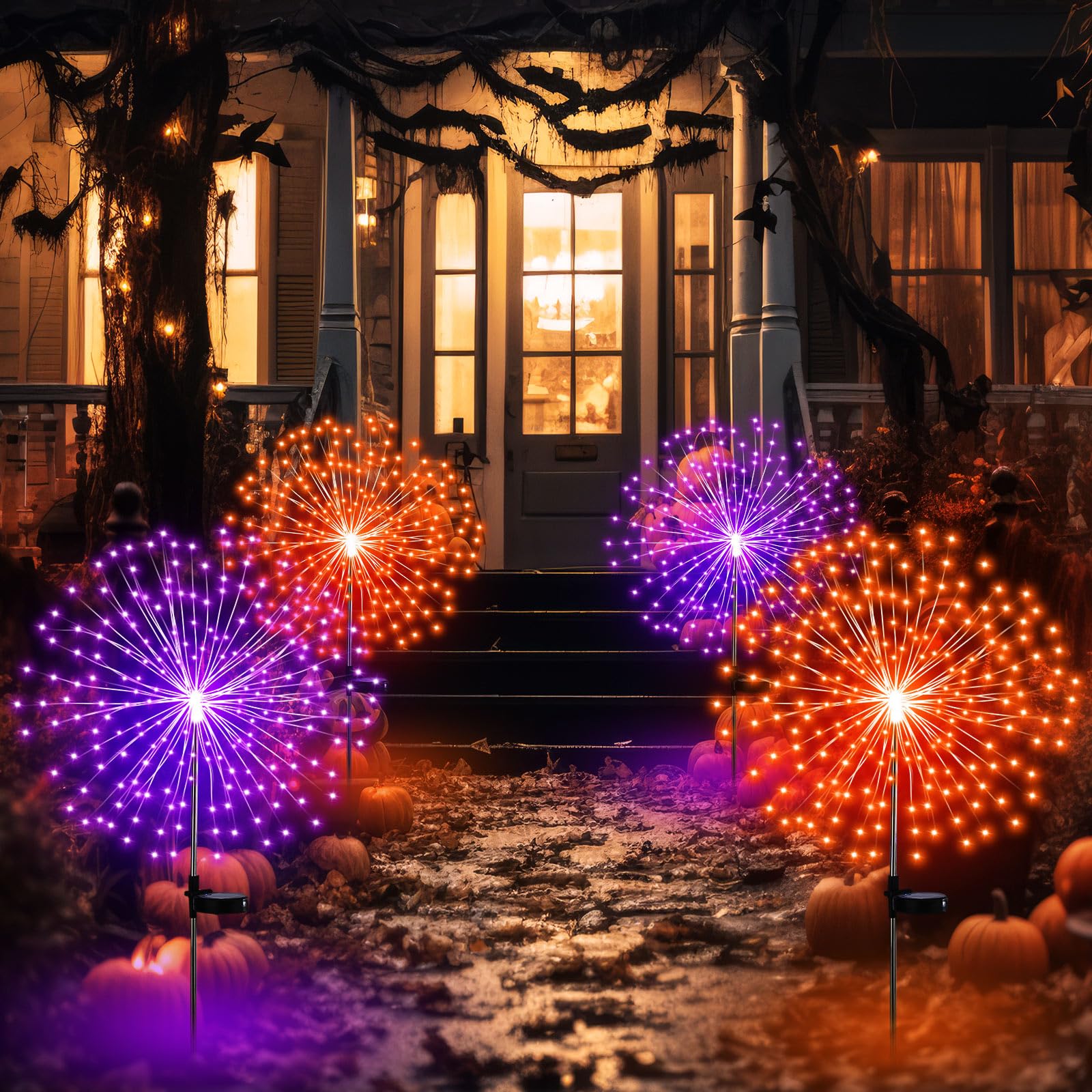 Tujoe 4 Pcs Halloween Solar Lights Solar Firework Lights 180 LED 8 Modes Outdoor Waterproof LED Stake Sparkler Christmas Decorat