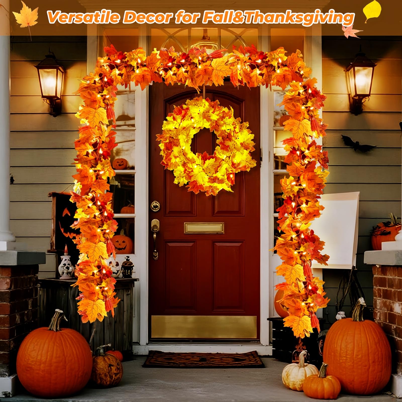 3Pack Fall Leaf Garland With Lights Plug In  35 Orange Bulbs Light Up Fall Leaves Garland  Fall Decor Fall Decorations For Home Table Thanksgiving Mantel Fireplace Porch Halloween Autumn Decorations