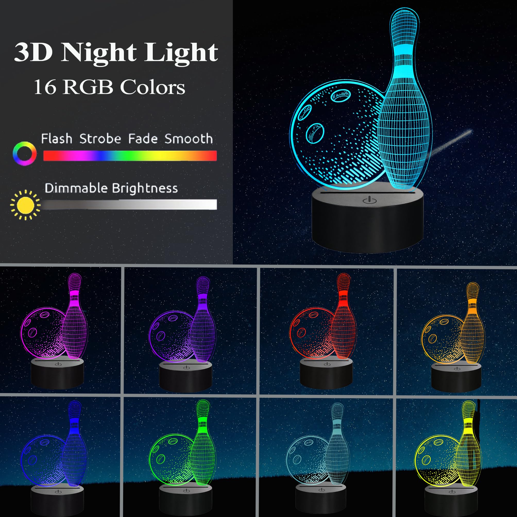 Posshe Bowling Night Light, Bowling Gifts 3D Illusion Lamp With 16 Colors Changing, Remote Control And Dimmable, Kids Boys Girls