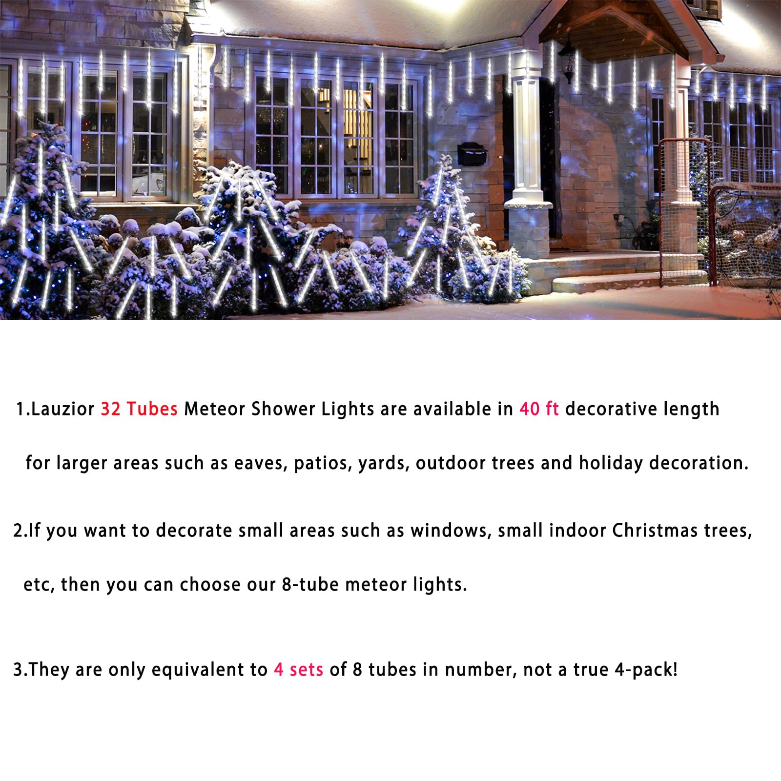 Christmas Decoration Outdoors- 32 Tubes (Equivalent To 4 Sets Of 8-Tubes) Meteor Shower Rain Lights, White Falling Rain Lights F