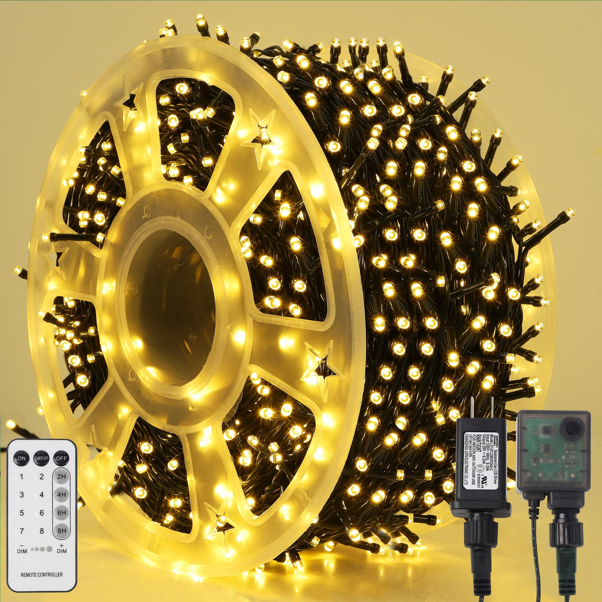 LJLNION 1000LED Christmas Lights, Extra Long 328FT Xmas Green Wire Fairy String Lights Plug in Outdoor, Remote Control & 8 Light