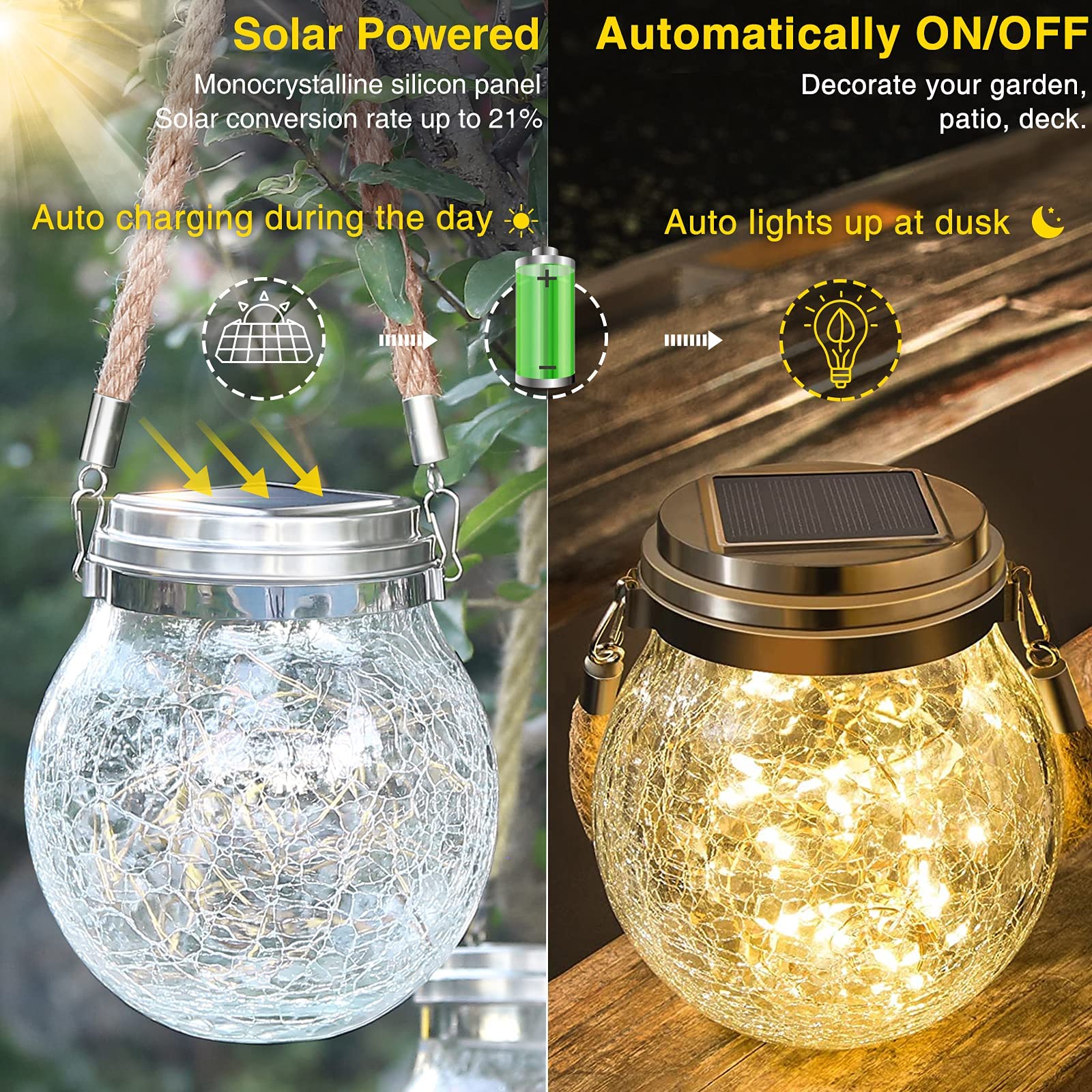 ROSHWEY Solar Lanterns 2 Pack, Waterproof Stainless Steel Hanging Lights, Warm White LED for Garden, Patio, Backyard, Model T28