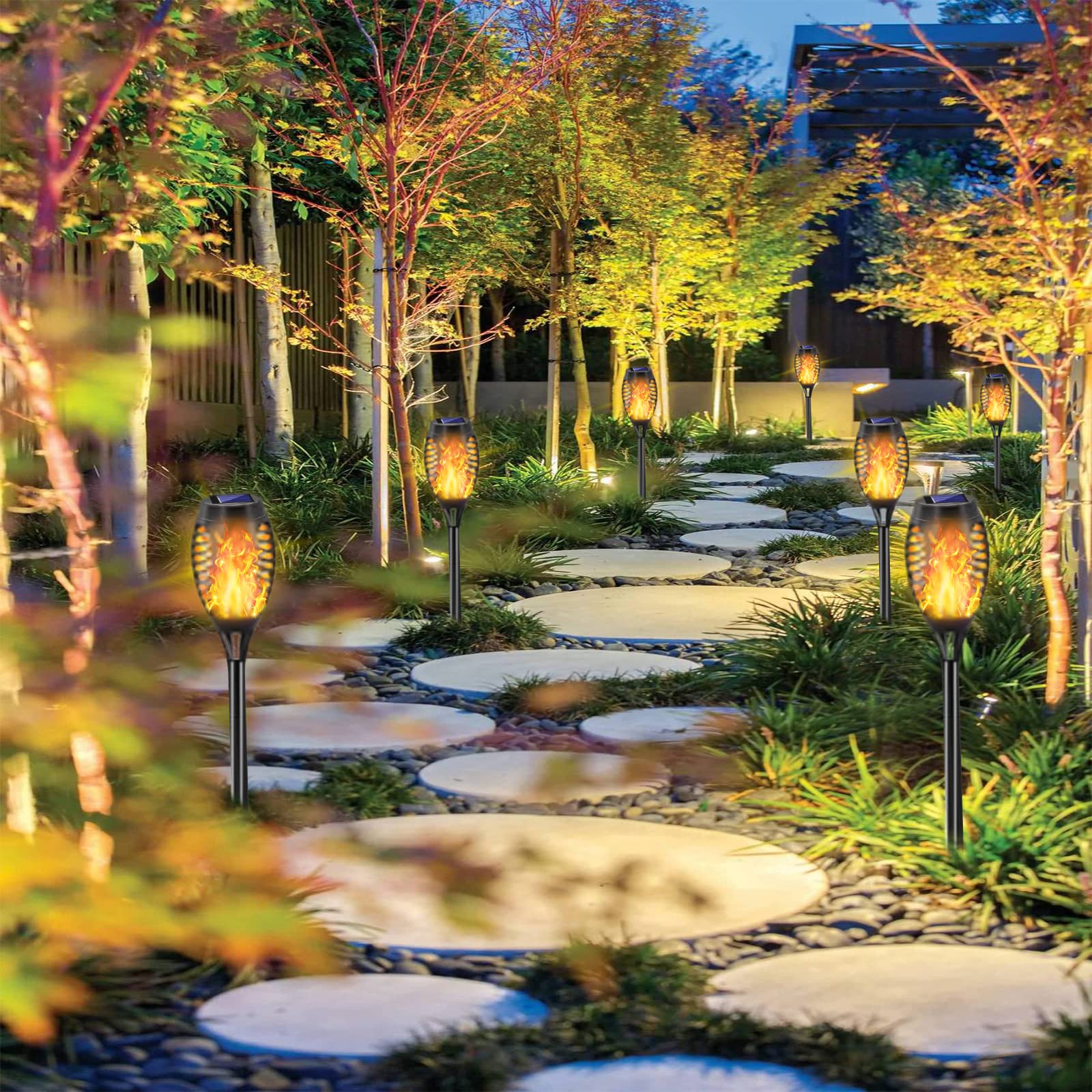 COCOMOX Solar Torch Lights, 12 Pack with Flickering Flame, Waterproof Plastic Tiki Torches, Outdoor Landscape Decorations, Yellow