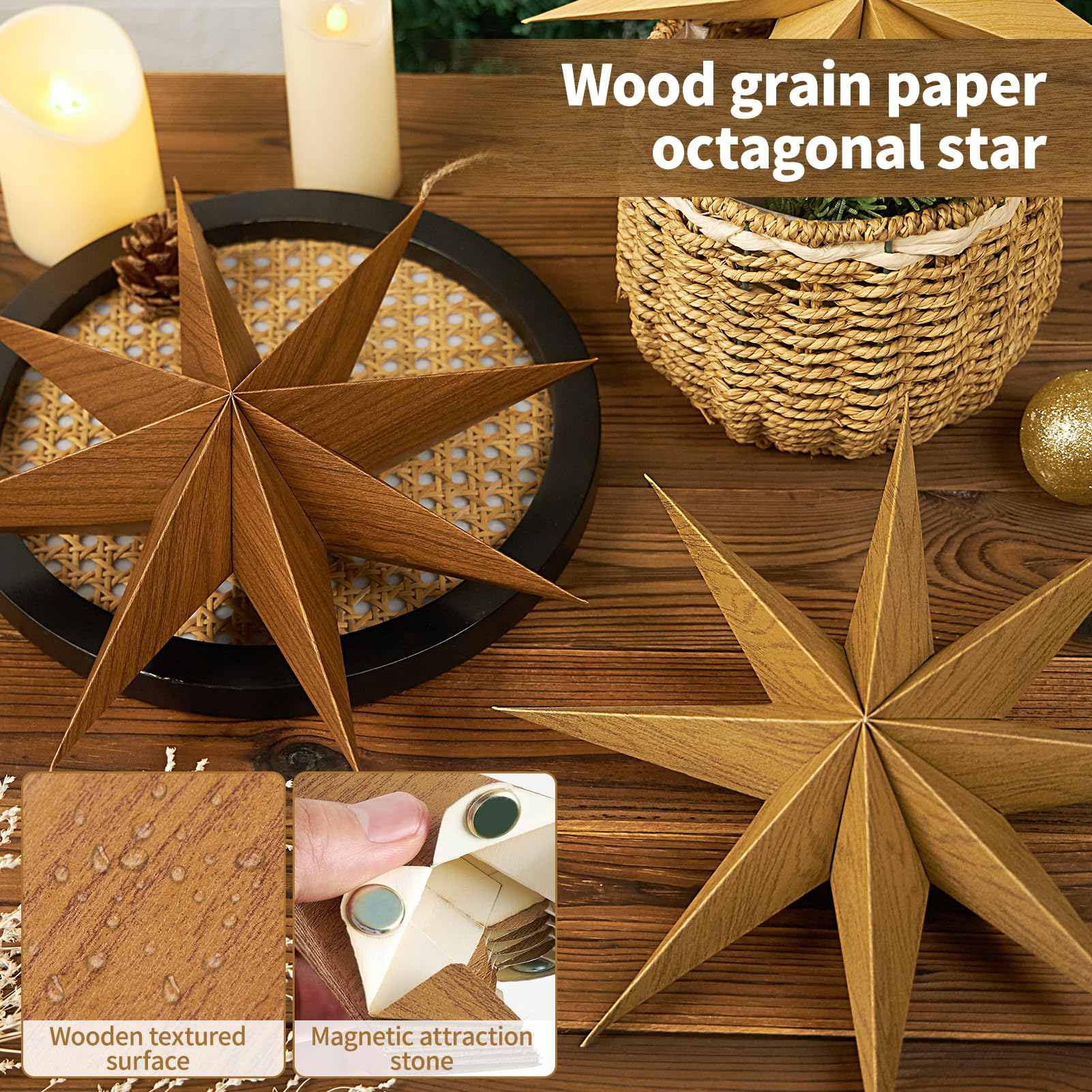Sunbeauty 8-Pointed 12 Inch Paper Star Lanterns Brown Wooden Christmas Lanterns Hanging Lamp Paper Decorations Shade Wedding Bir