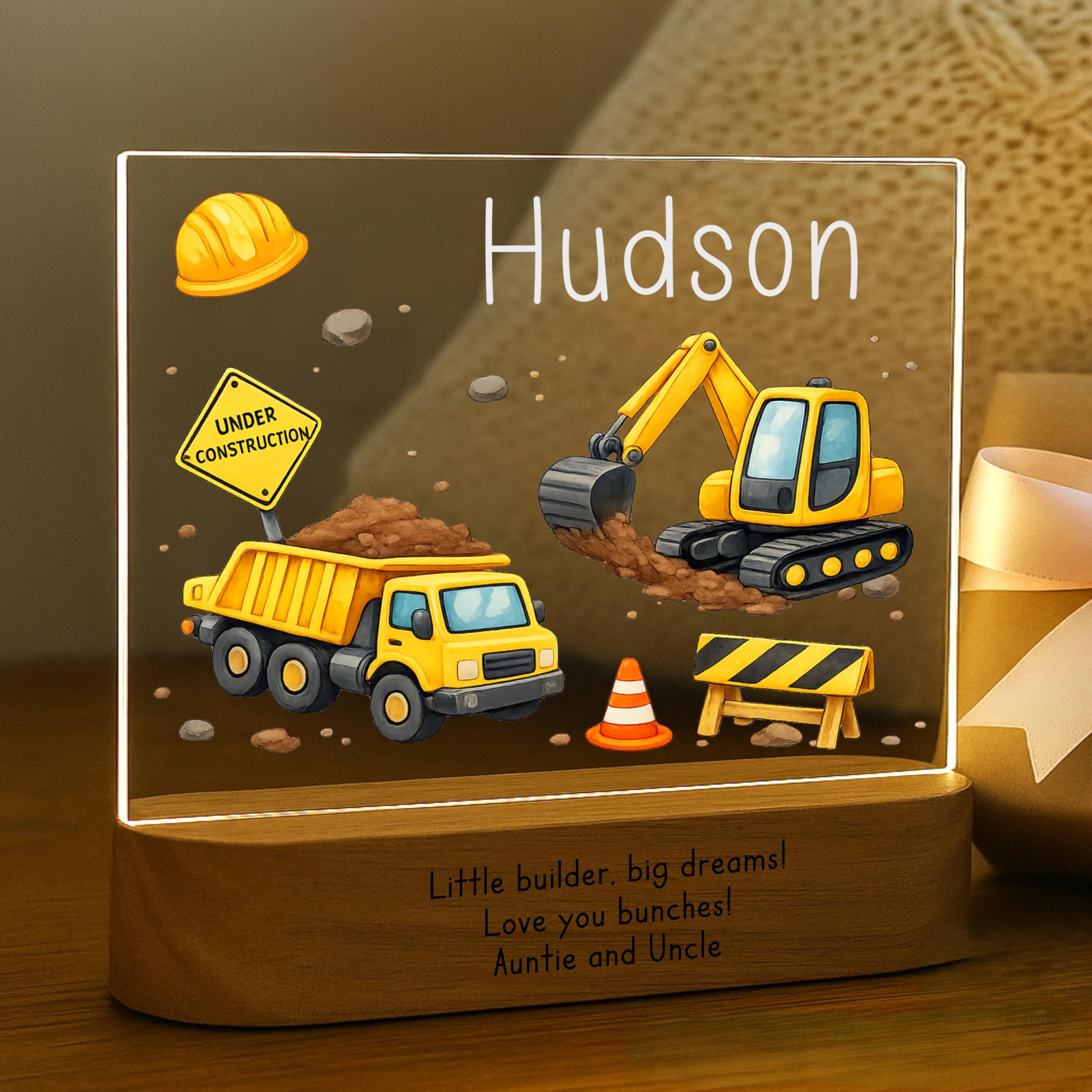 Excavator Night Light for Kids | Personalized Baby Night Light for Boys | Custom Name Construction Vehicle Nursery Decor, Plug-i
