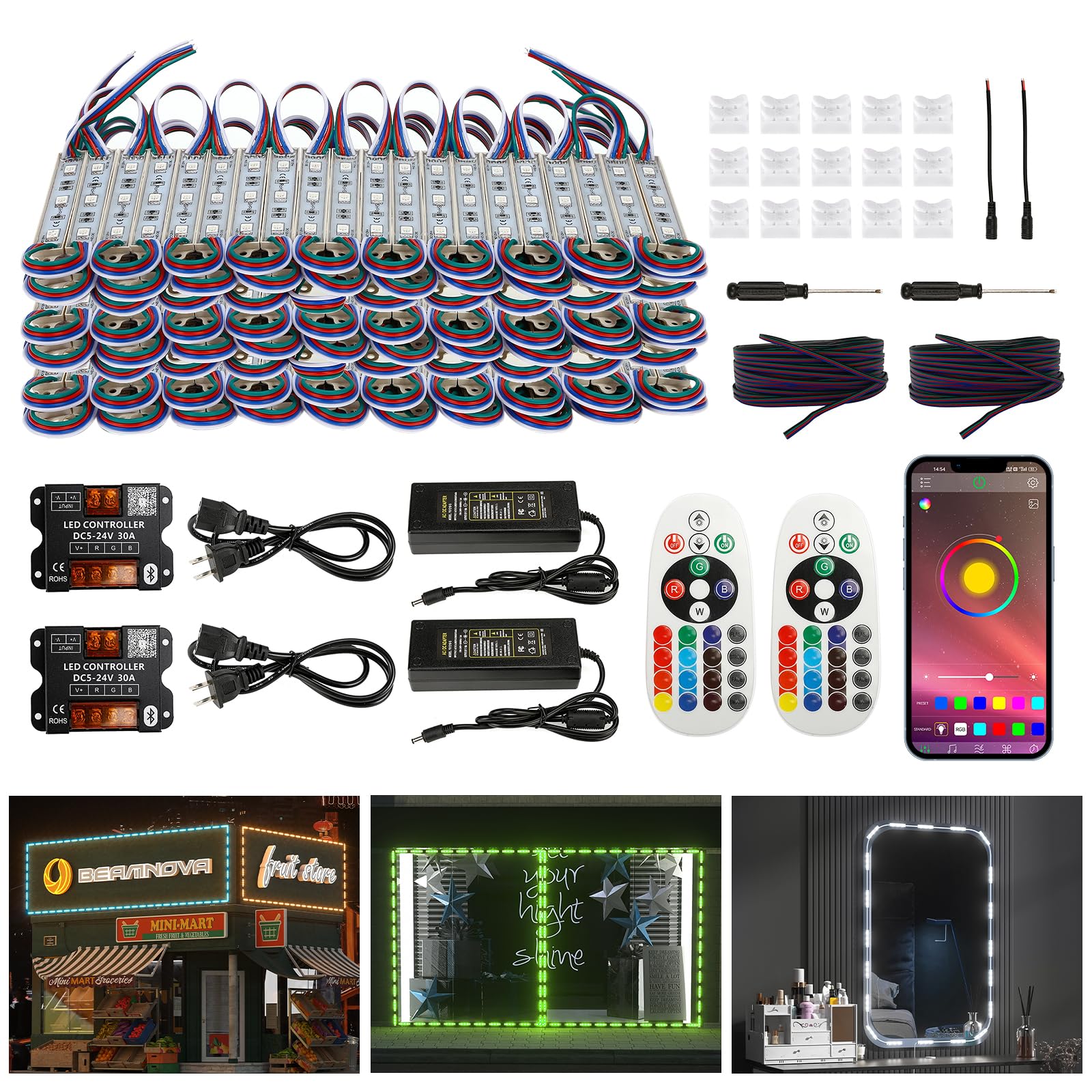 BEAMNOVA 80Ft RGB Light Kit, Bluetooth Control, IP65 Waterproof, SMD 5050 LED, Model BI00NXDD6991-0FBA250509