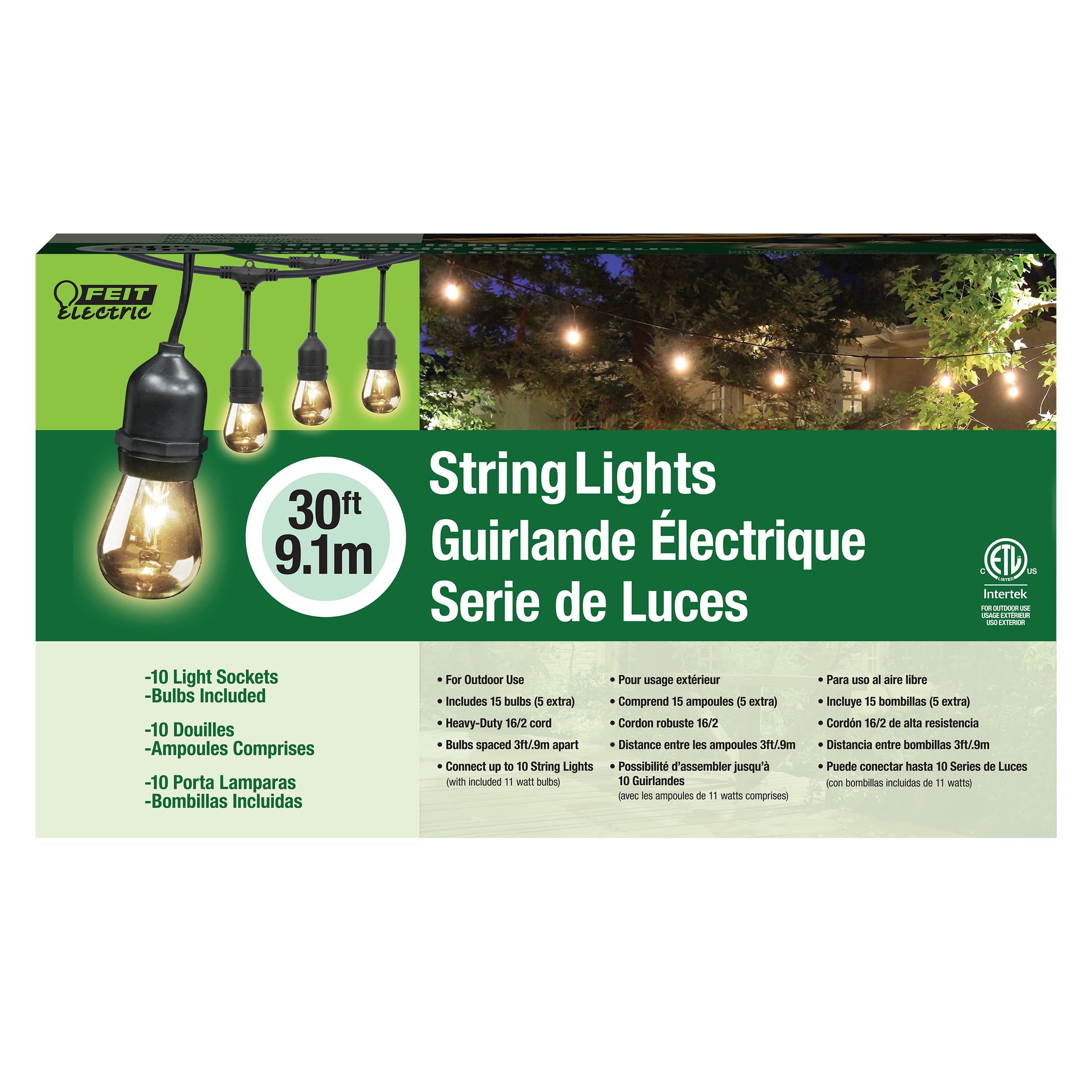 Feit Electric 30ft Outdoor Incandescent String Lights, Warm Amber Glow, Heavy-Duty Weatherproof Cord, Includes 10 Clear Bulbs + 