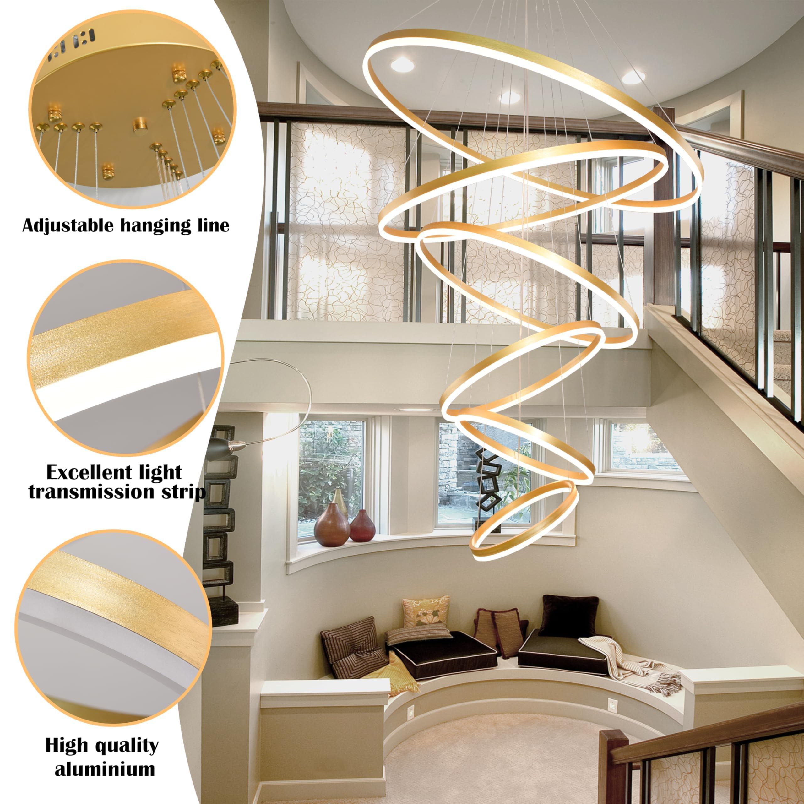 Mccokaige 6 Rings Pendant Lights 47.2'' Modern Gold Led Chandelier Dimmable Height Adjustable Chandeliers Color Temperature Gold