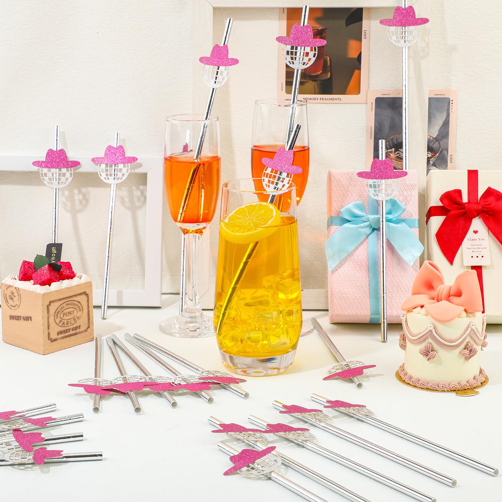 Tanlade Mini Disco Ball Straws, 50 Pcs, 70s Party Decorations, One Size, Pink, Model DIA-Tanlade-785