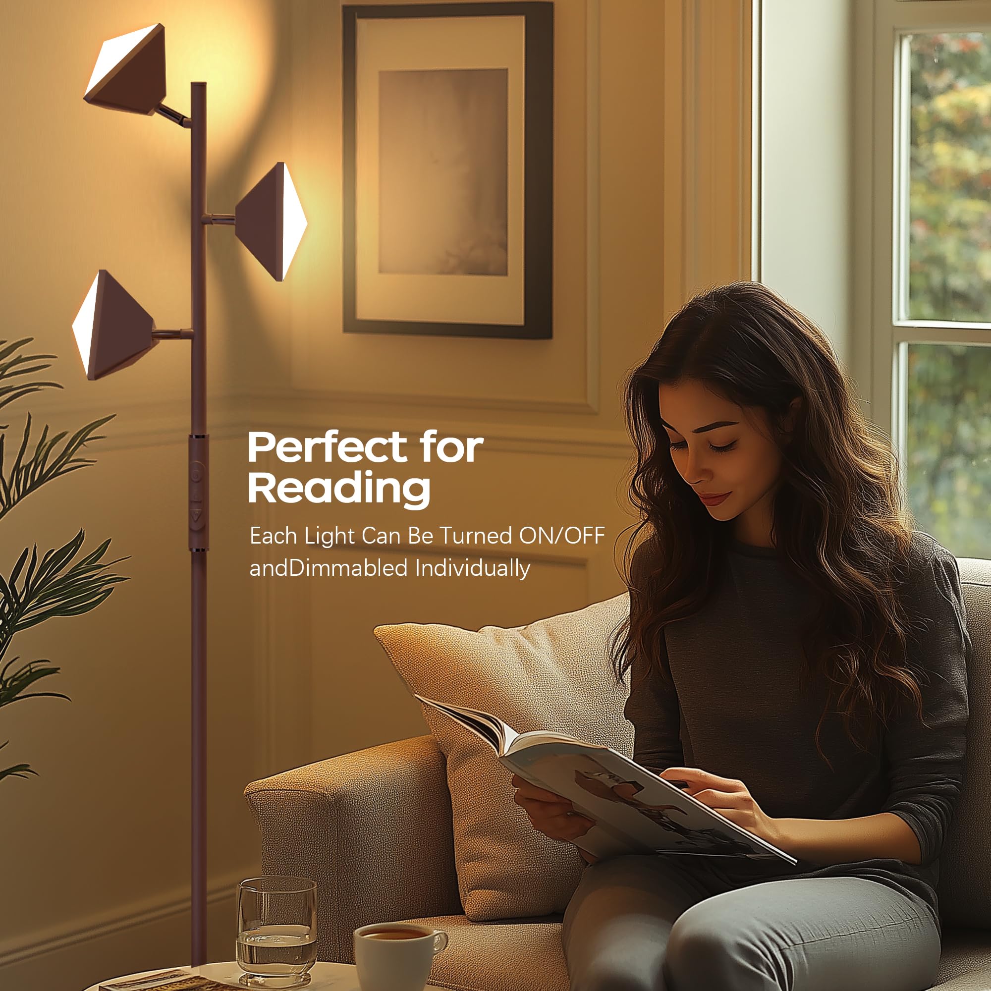 ROTTOGOON LED Tree Floor Lamp, 36W Dimmable with Remote, 4 Color Temperatures, Brown, Model ROFP086AZ1
