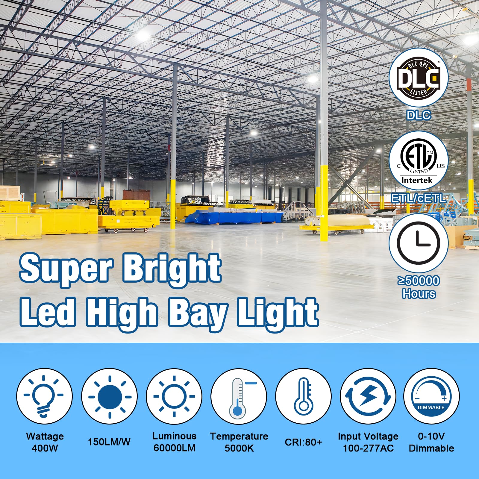 G Gjia 400W Super Bright Led High Bay Lights, 60,000Lm 100-277V, 5000K, 0-10V Dimmable Ufo High Bay Led Shop Lights, Us Plug 6'